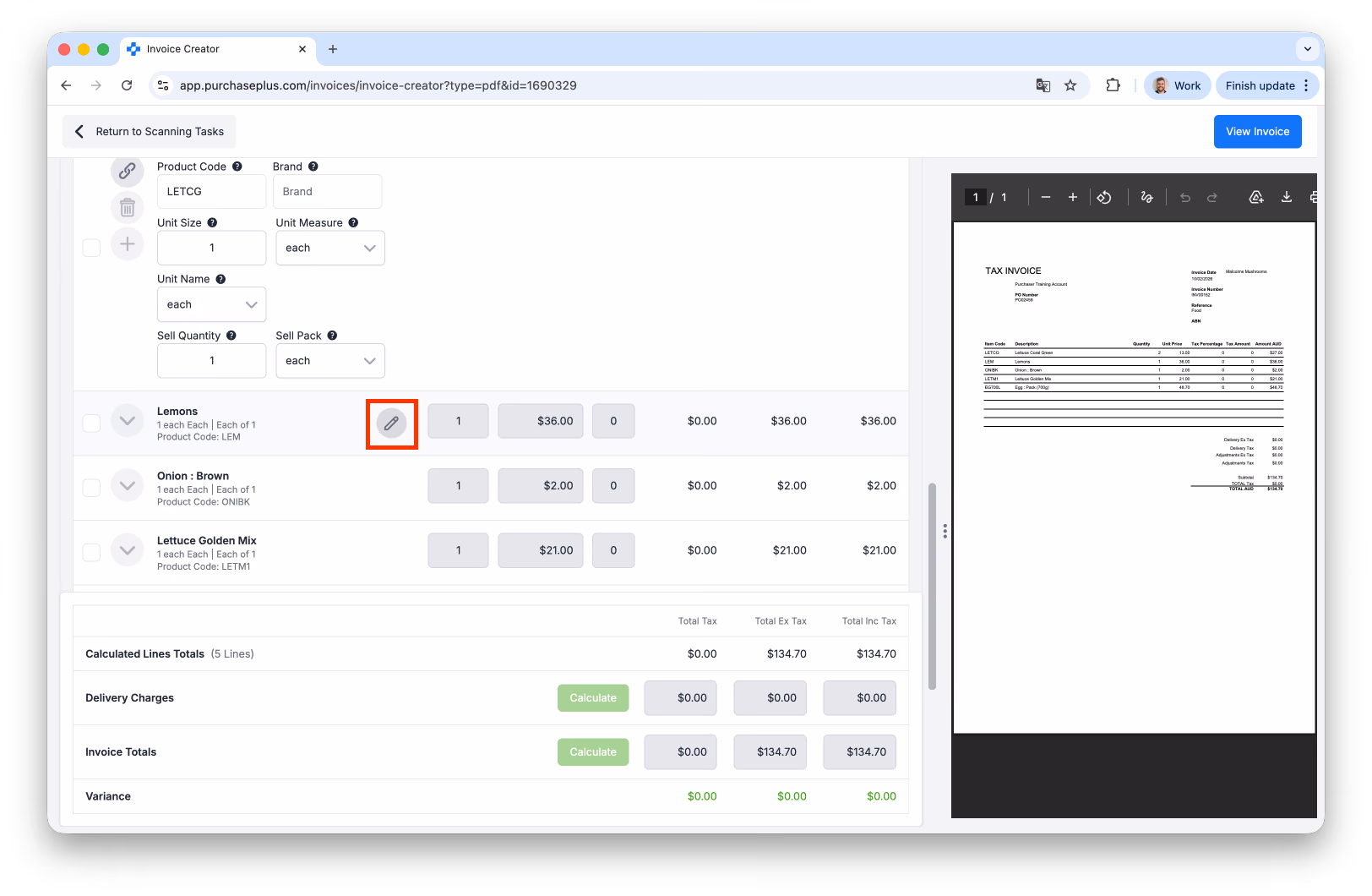 Edit unlinked line of scan task