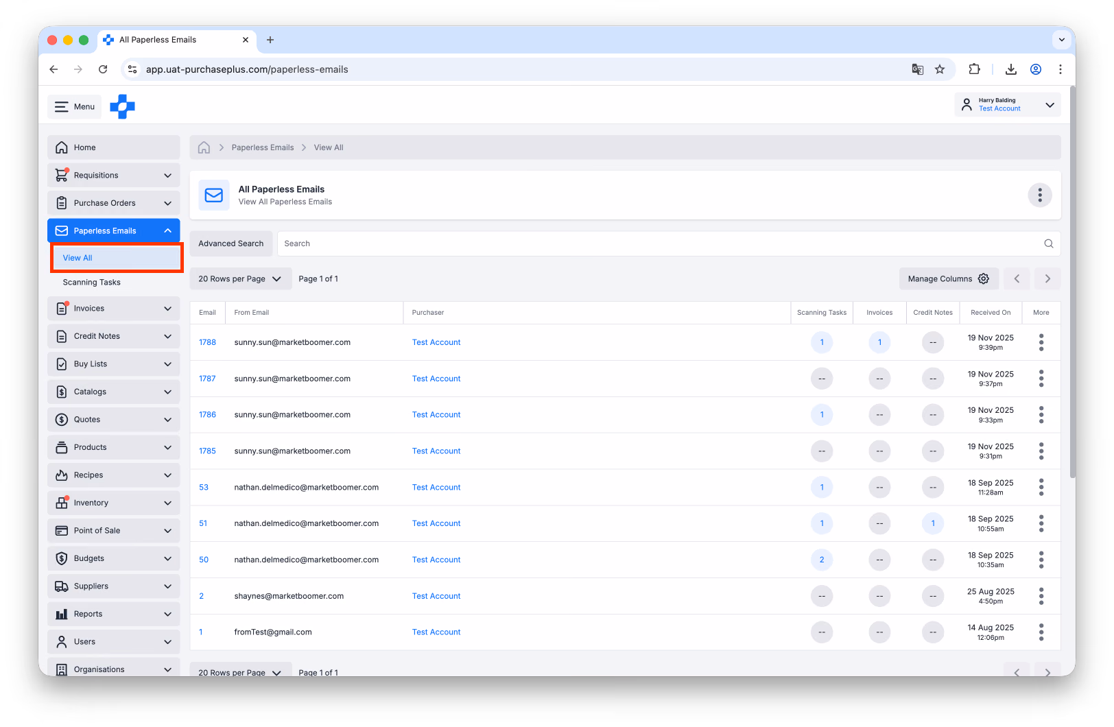 Paperless Emails View All table