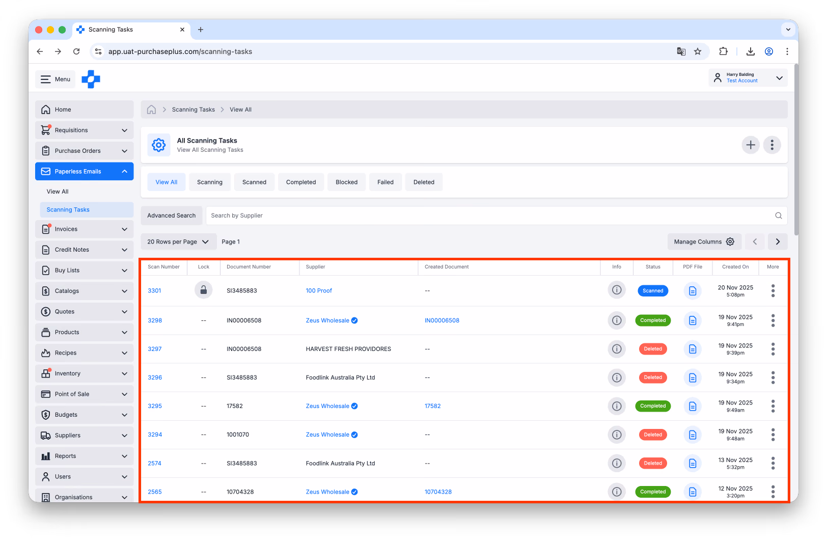 Scanning Tasks table