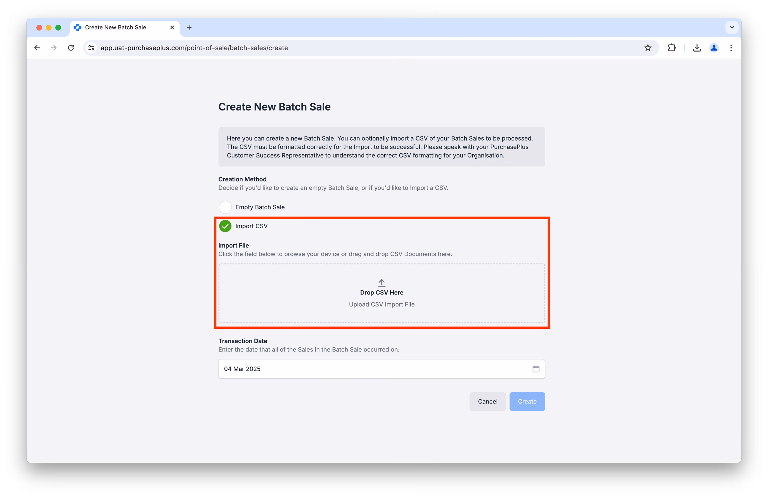 إنشاء مبيعات مجمعة عبر تحميل CSV