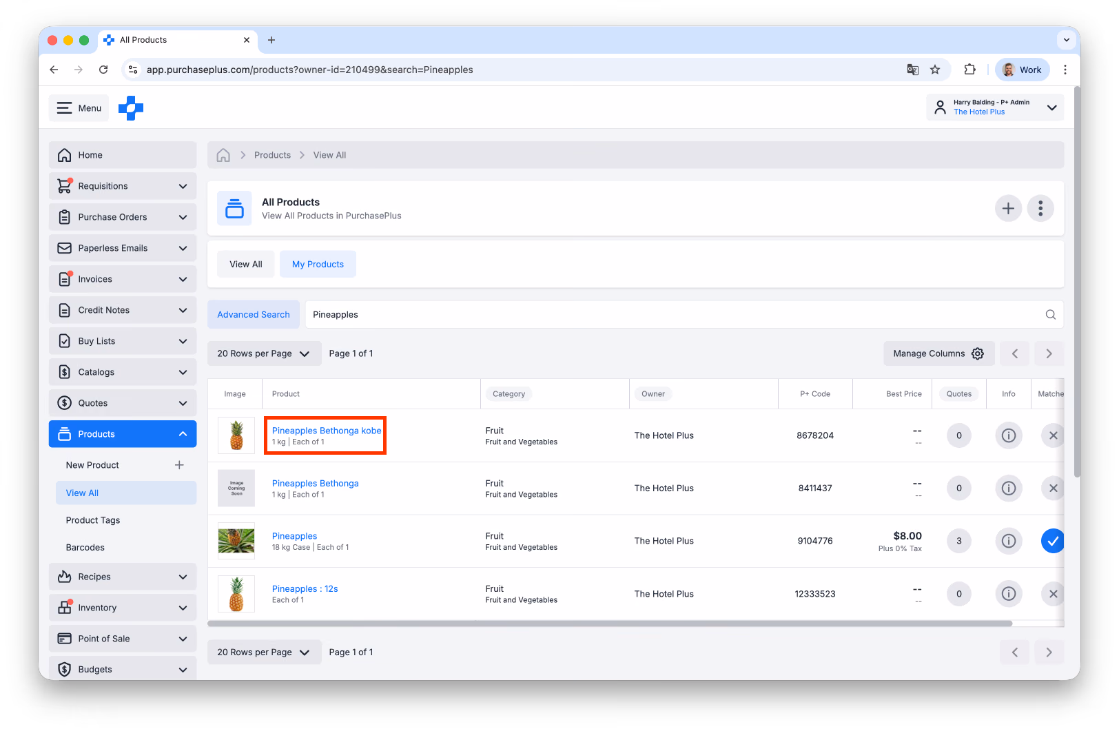 Product search results