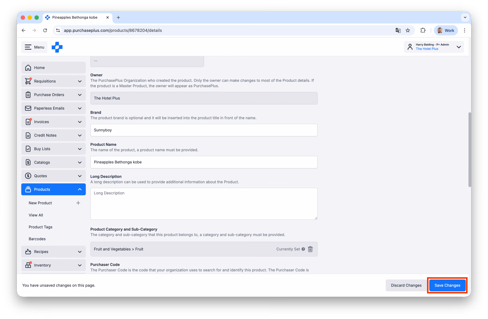 Save Changes on a Product