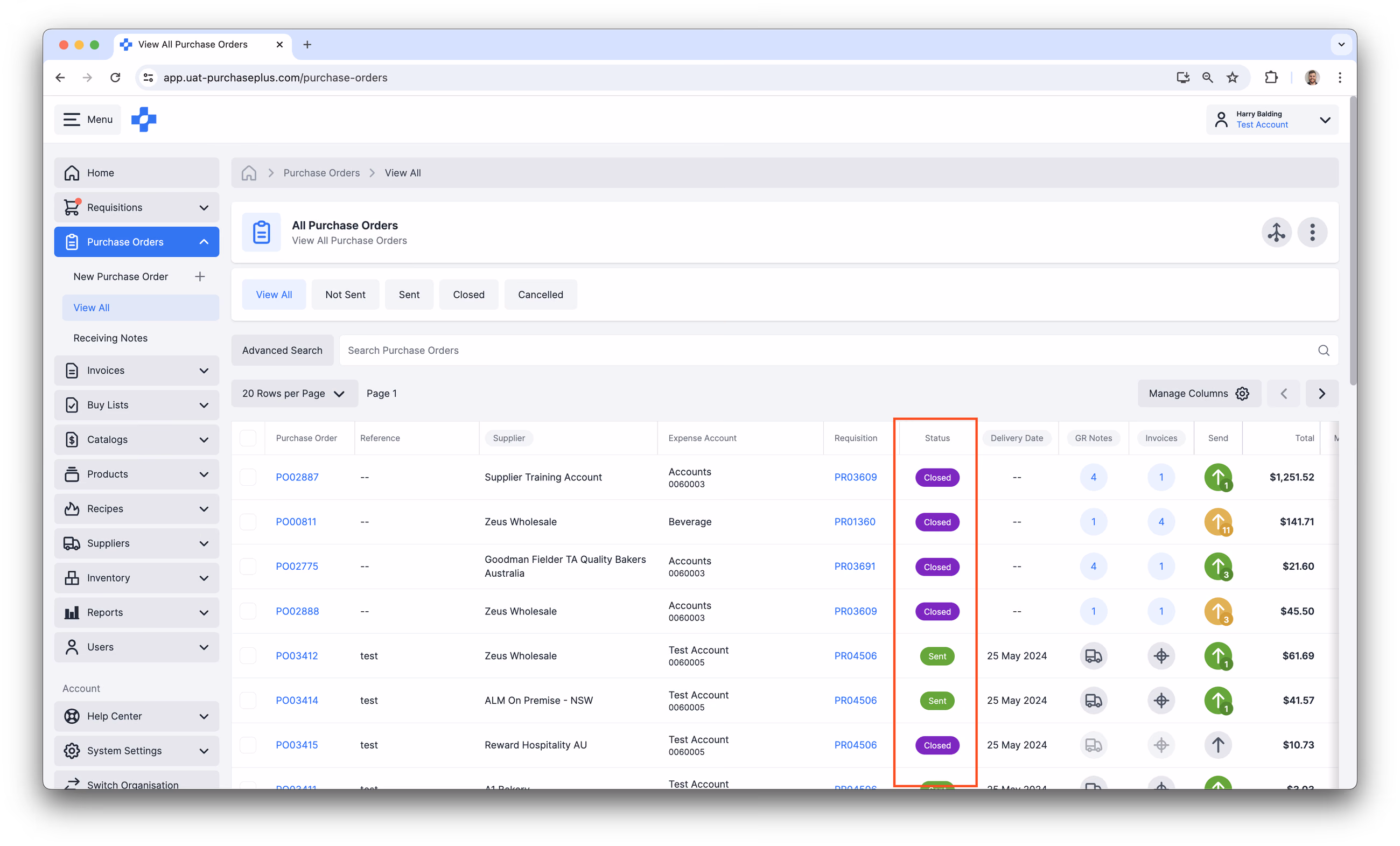 Purchase Order Statuses in PurchasePlus