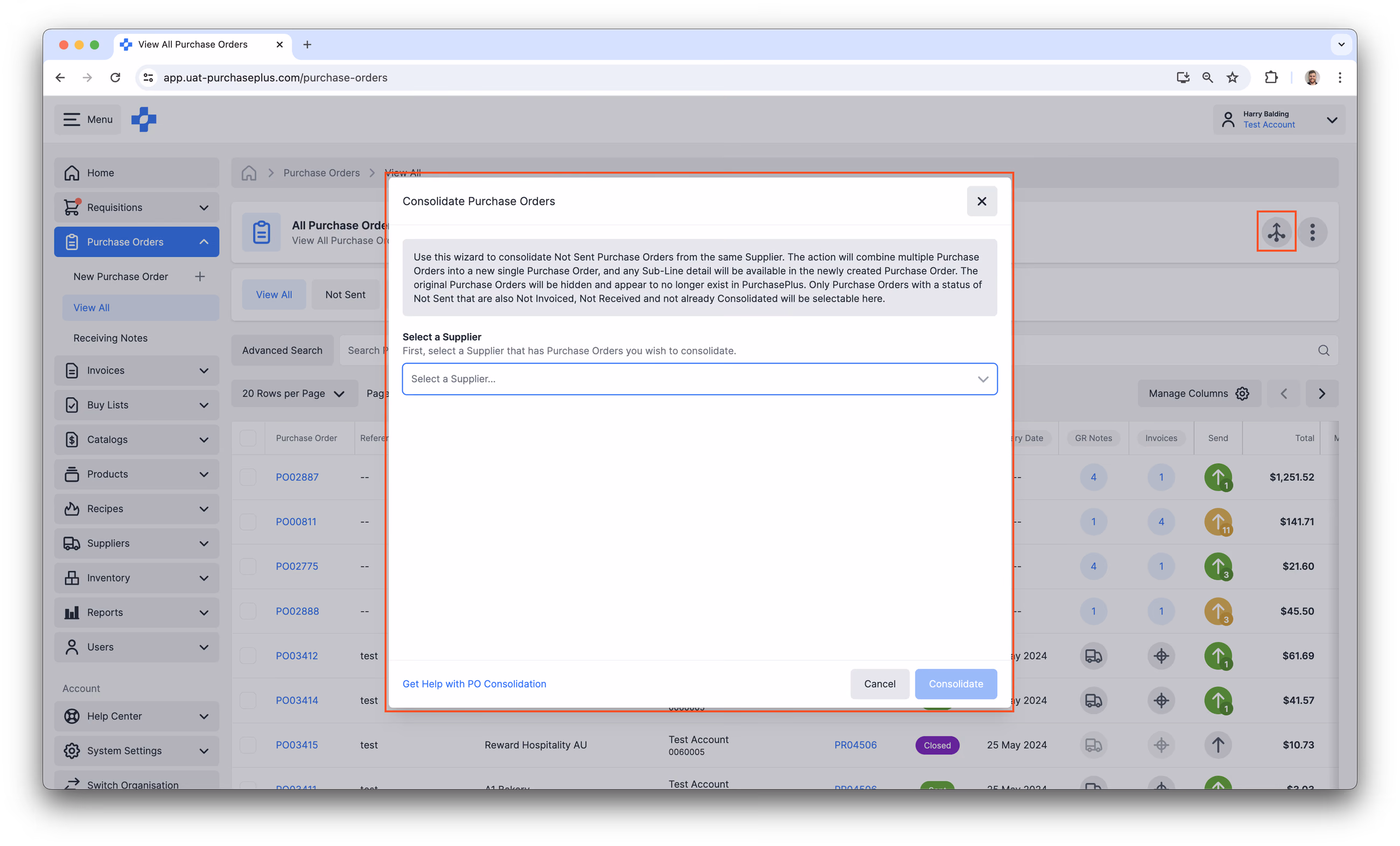 Consolidate Purchase Orders in PurchasePlus
