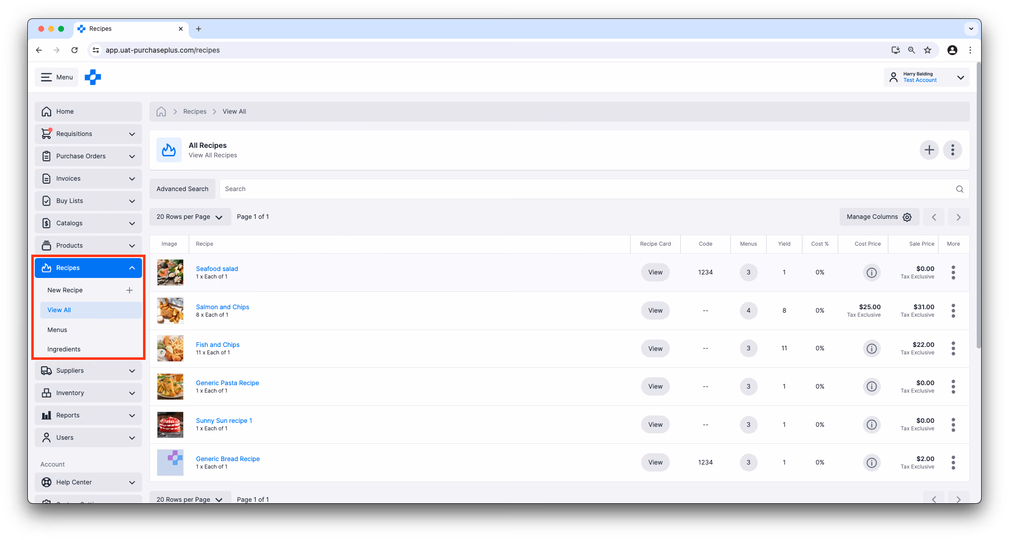 Recipes Side navigation bar