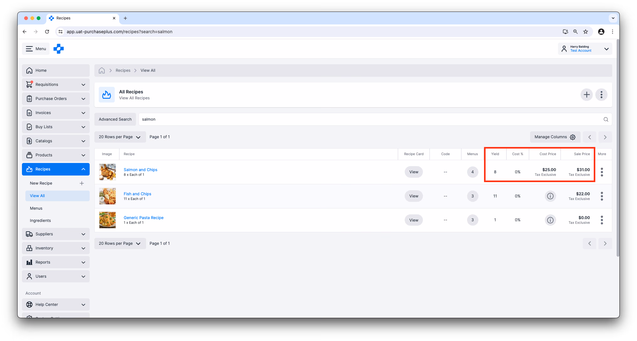 Recipe financial details