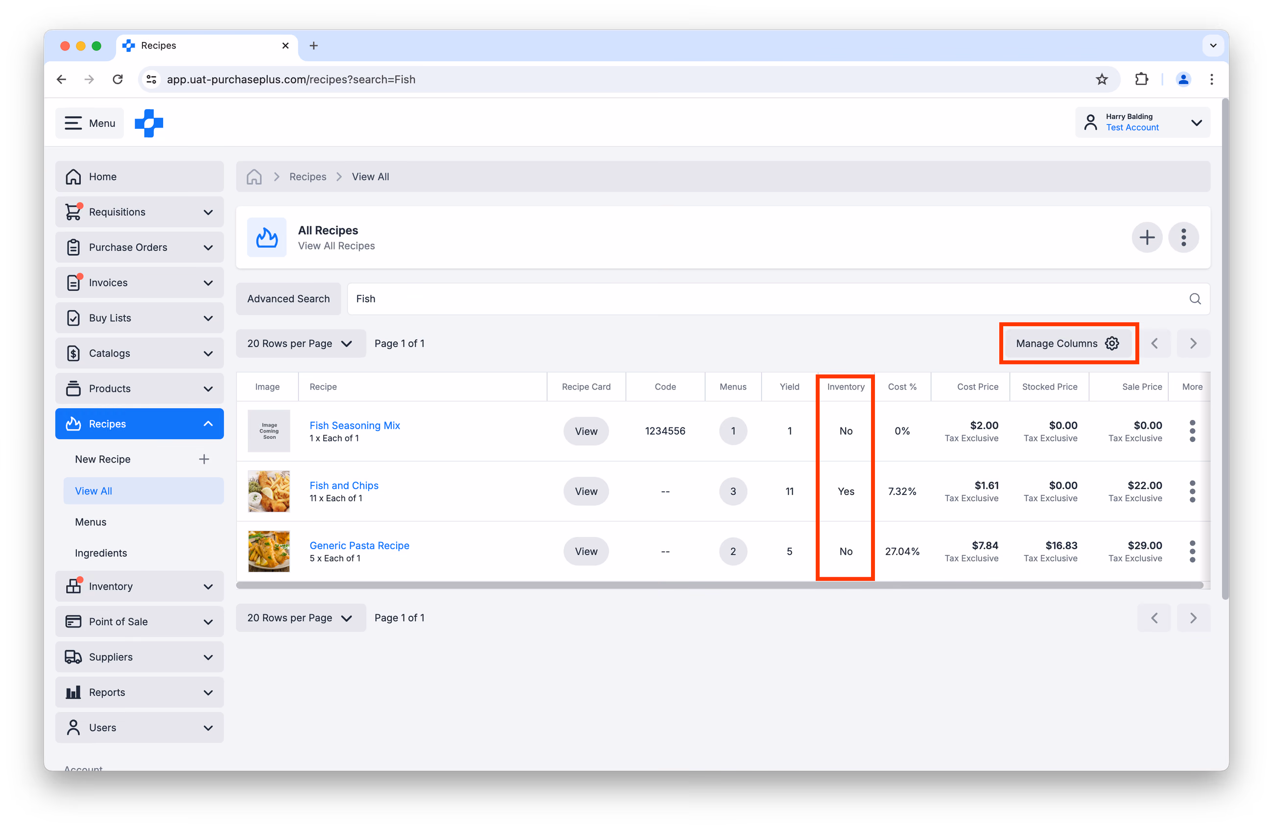 Manage Columns Inventory Recipes