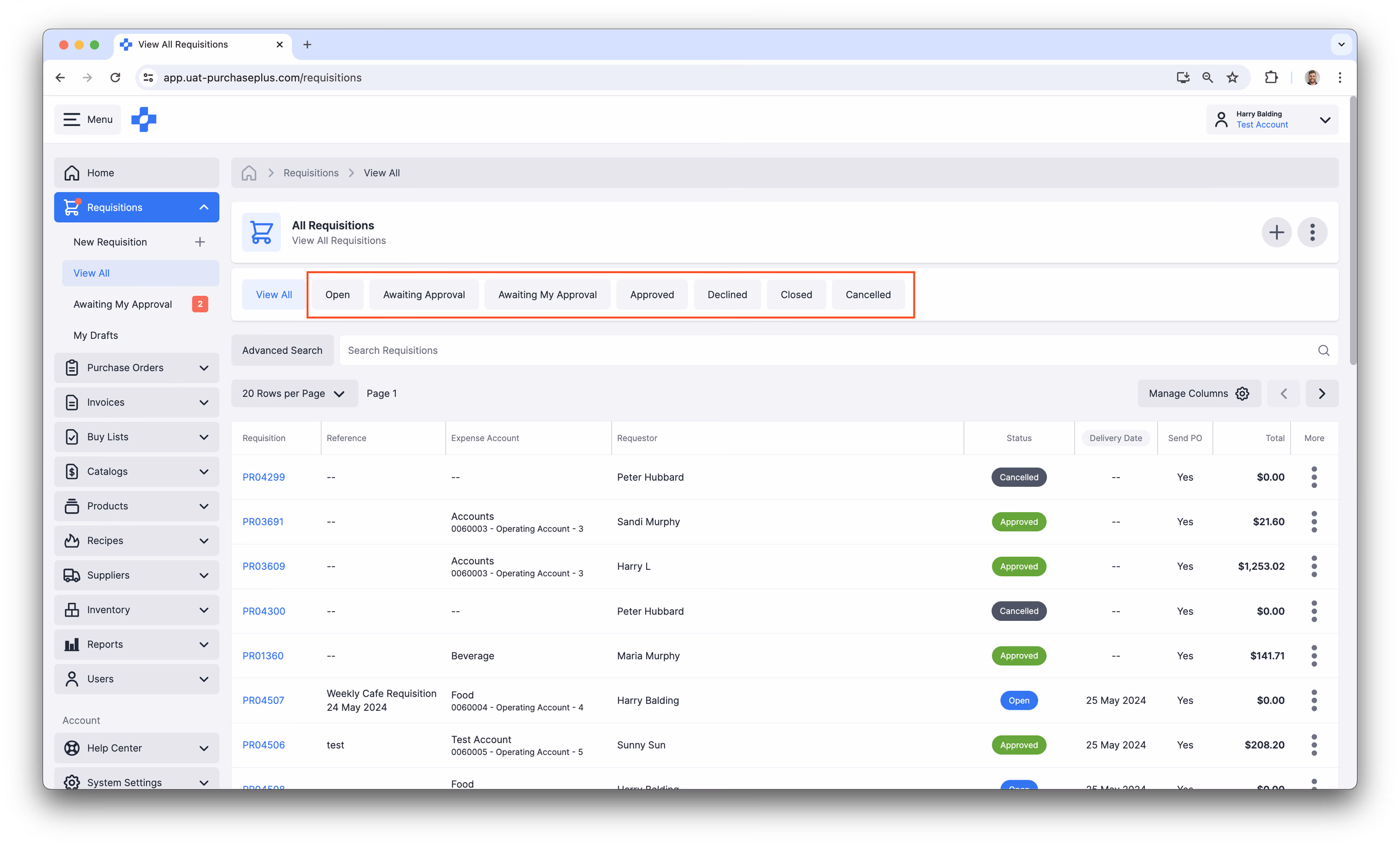 Requisition Statuses in PurchasePlus