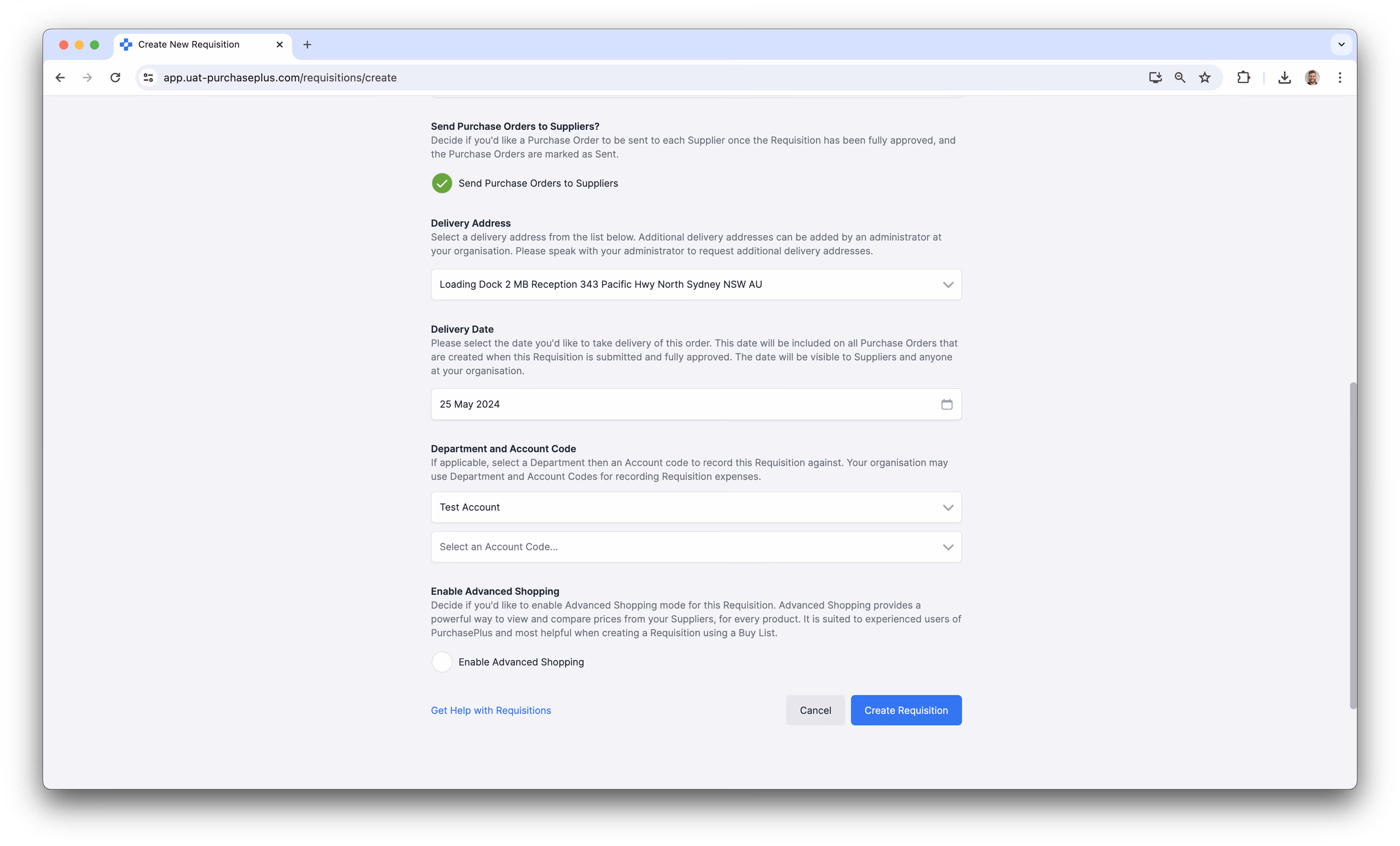 Requisition Settings - All Suppliers