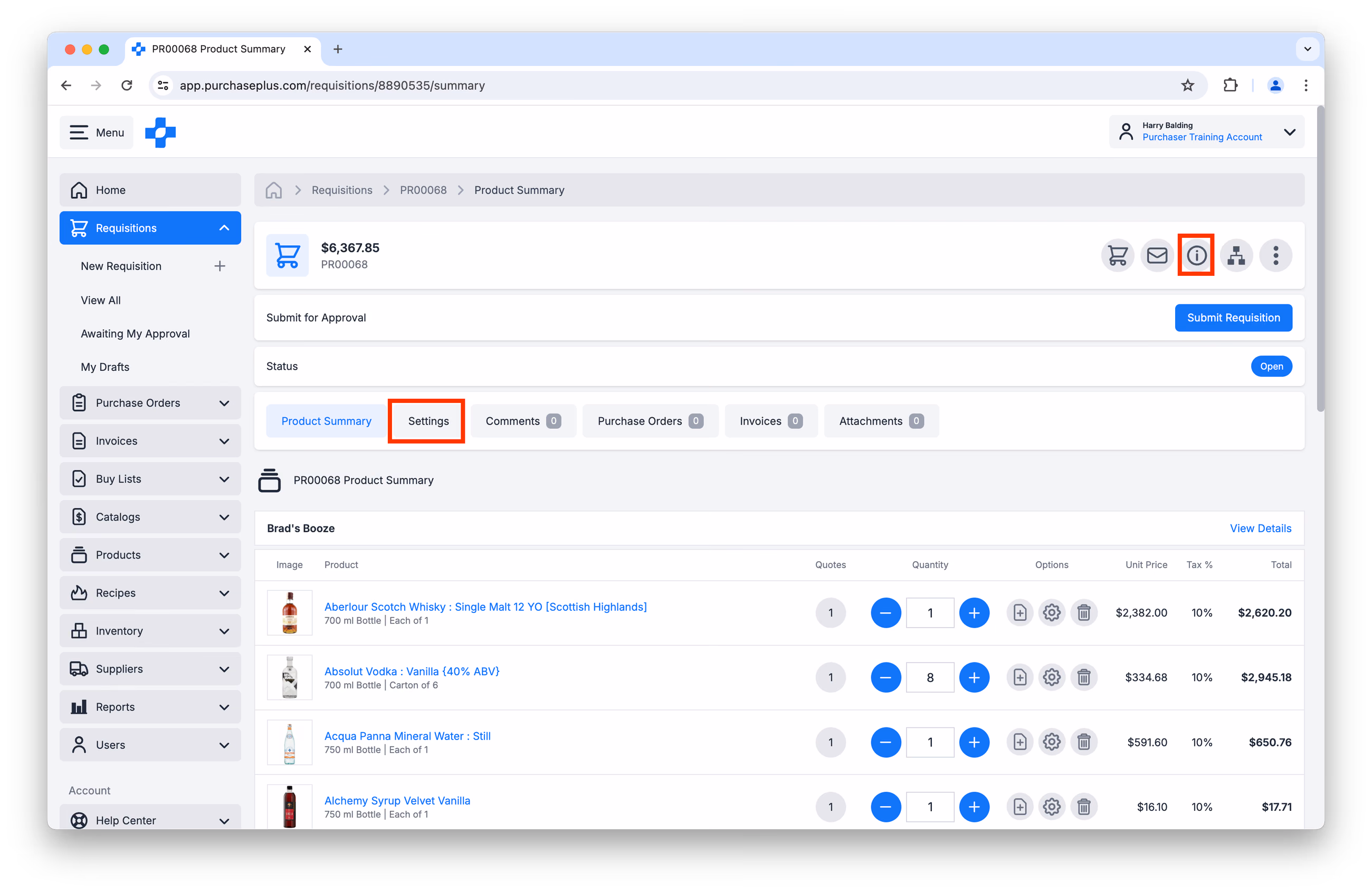 editing a Requisition's Settings in PurchasePlus