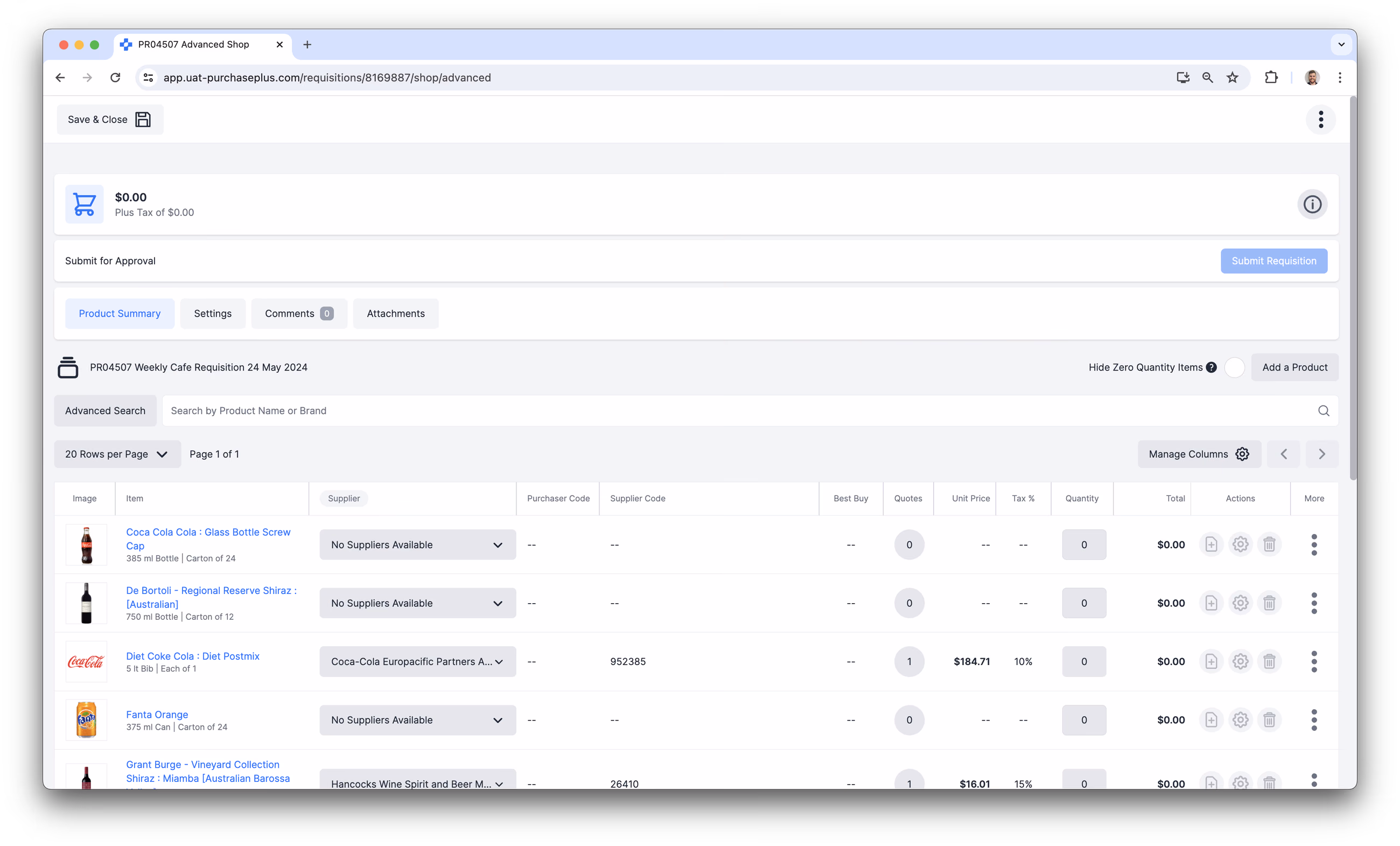 Advanced View of a Requisition in PurchasePlus
