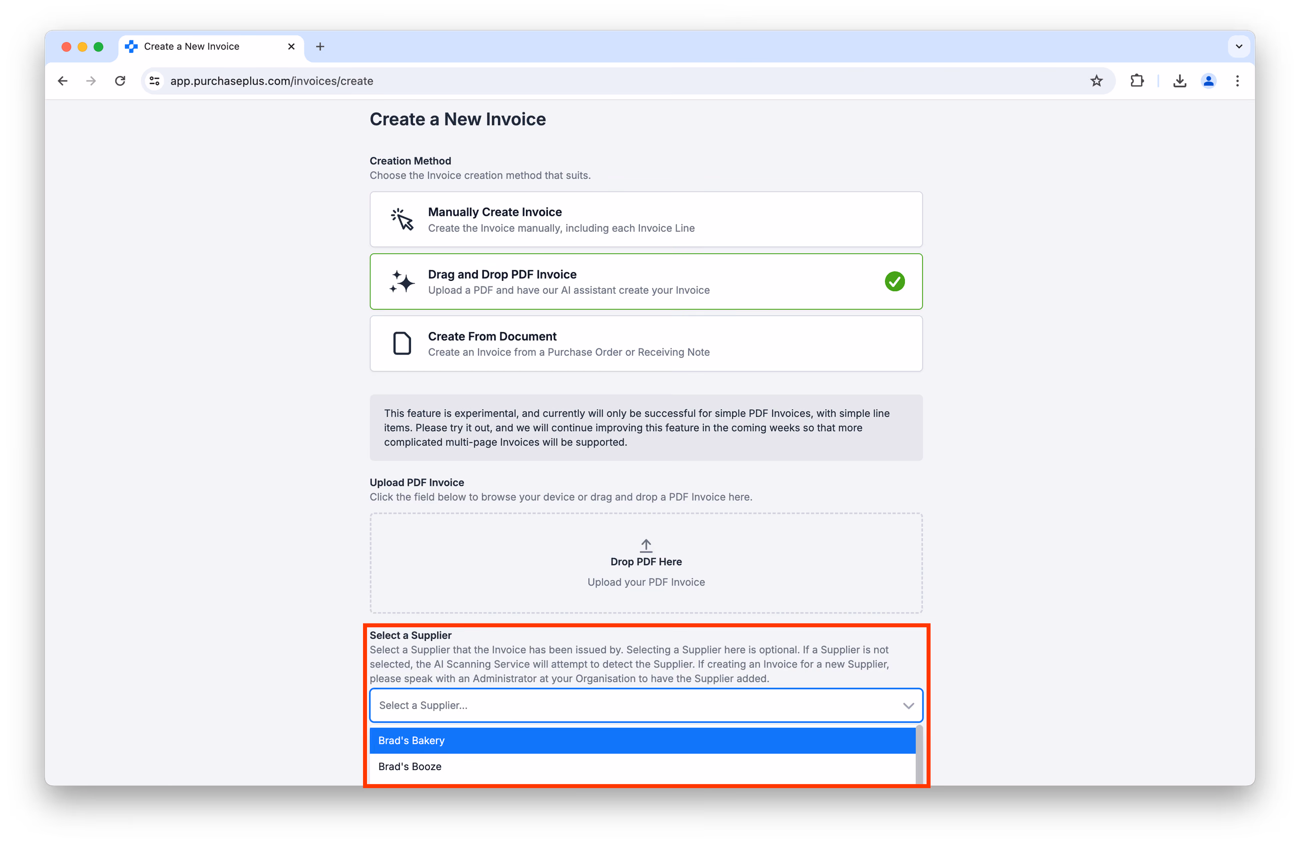 Lieferant während des PDF-Uploads auswählen