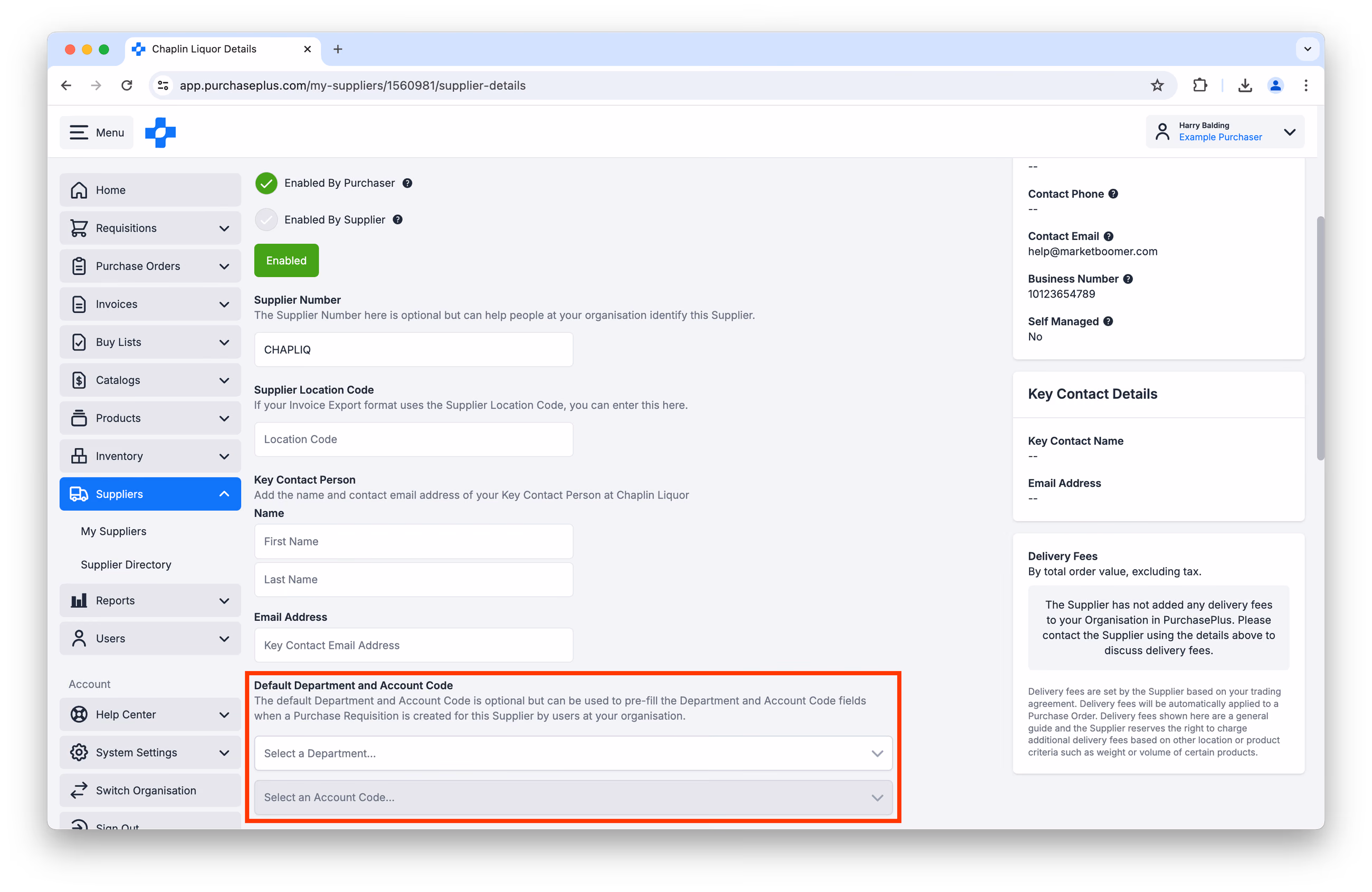 Abteilung und Kontocode in Meine Lieferanten
