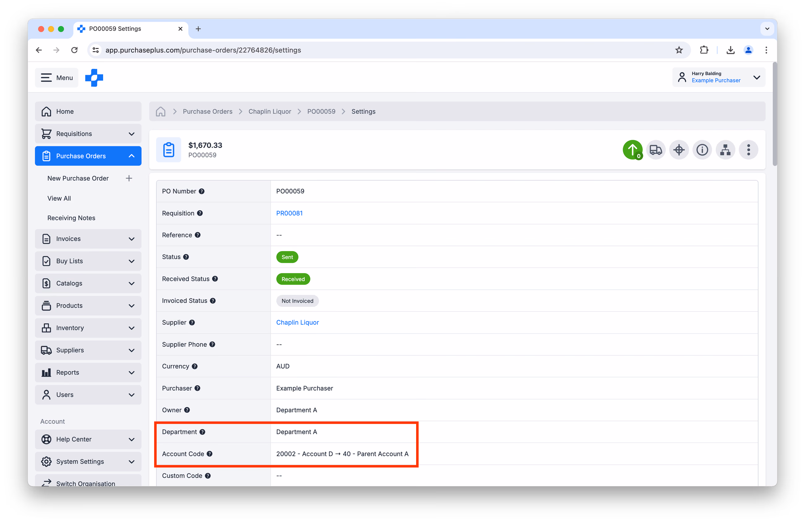 Abteilung und Kontocode Bestellung