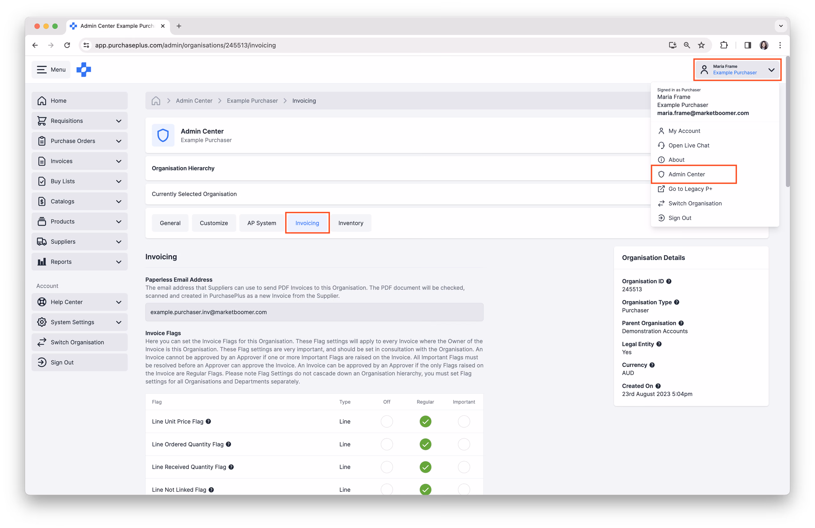 Access Invoicing Settings in Admin Center