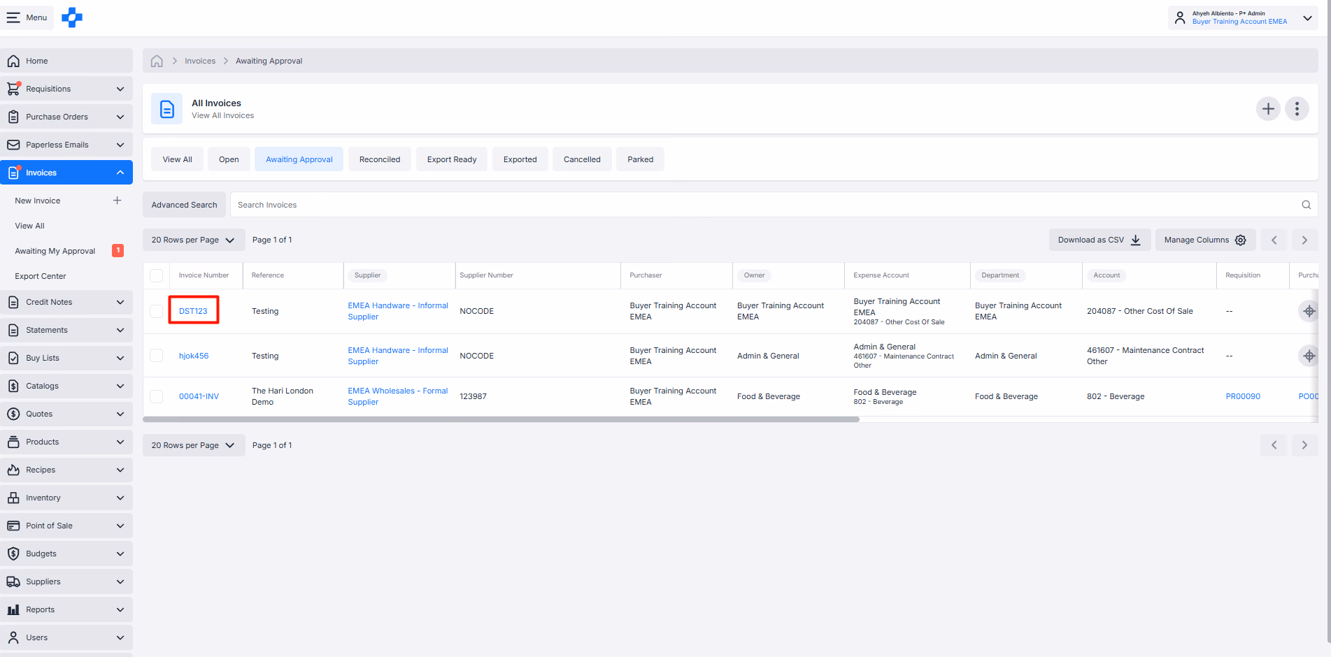 Selected Invoice ready to update