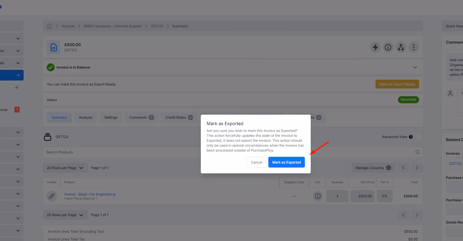 Confirm Mark Invoice as Exported
