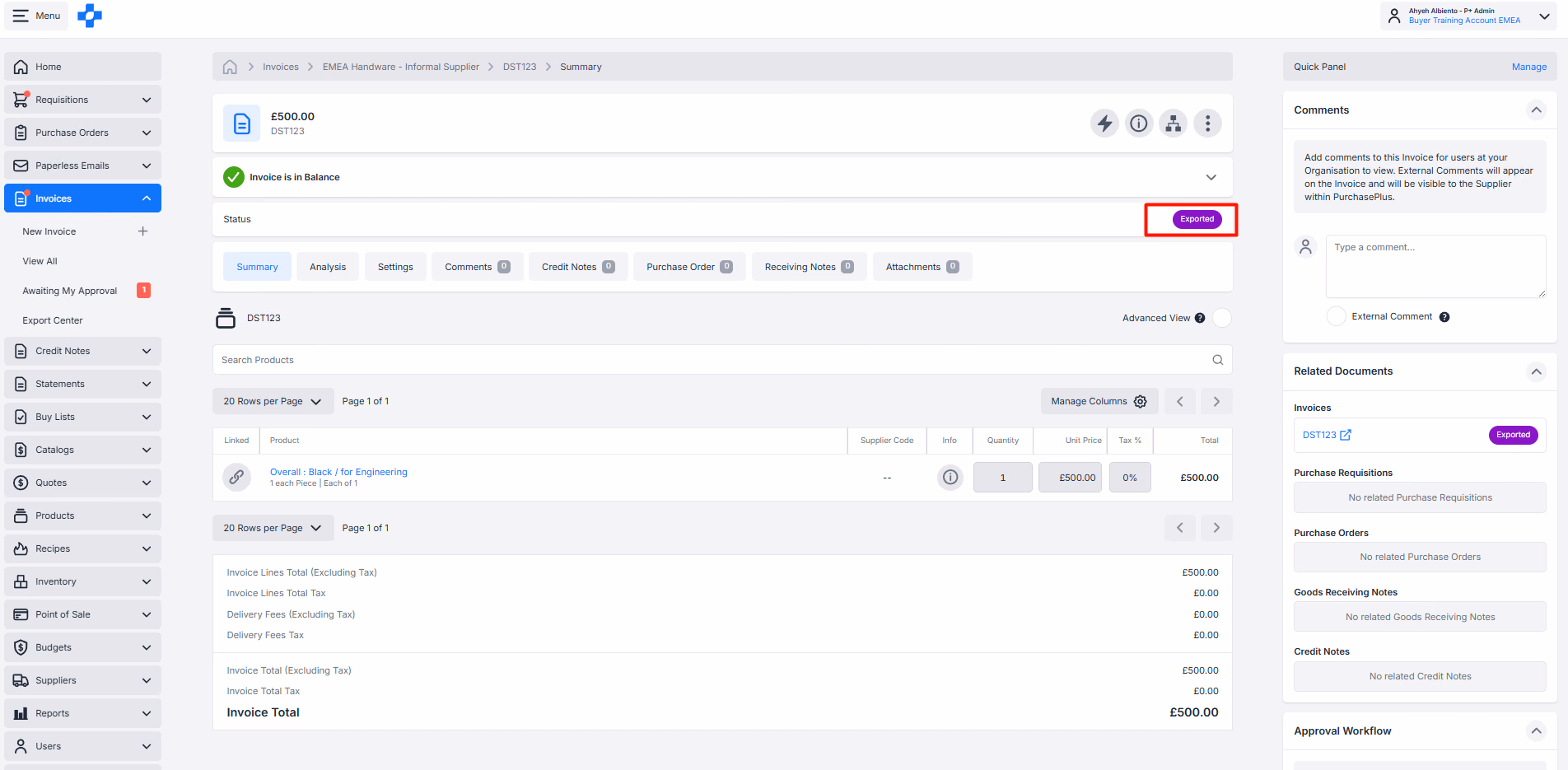 Invoice in Exported status