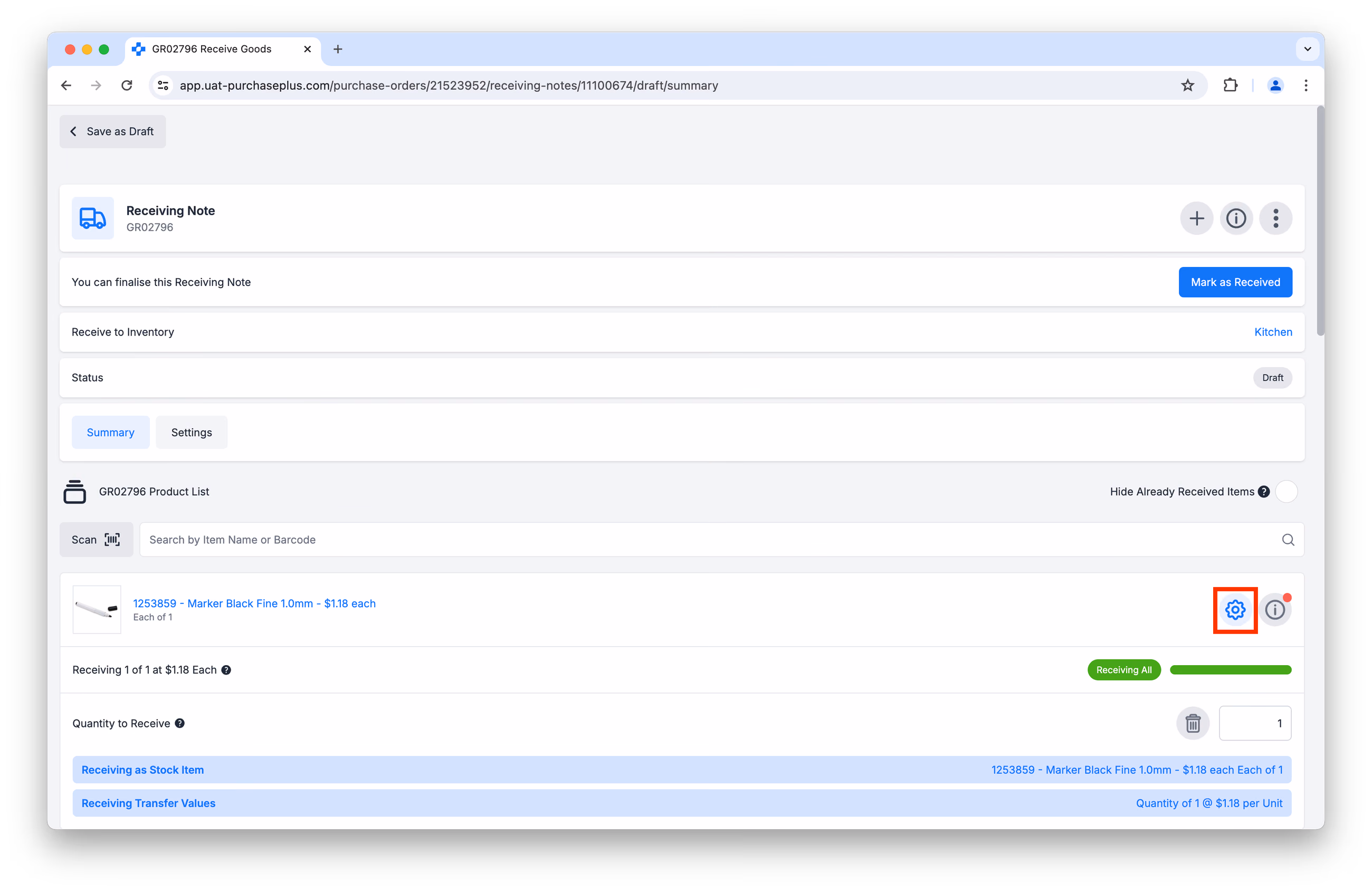 Select a different Stock item to receive