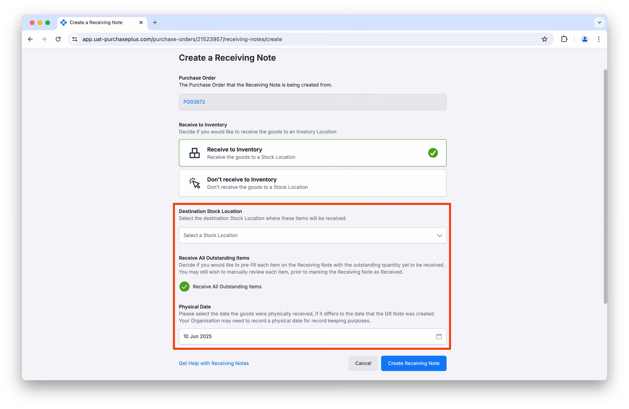 Create Receiving Note fields