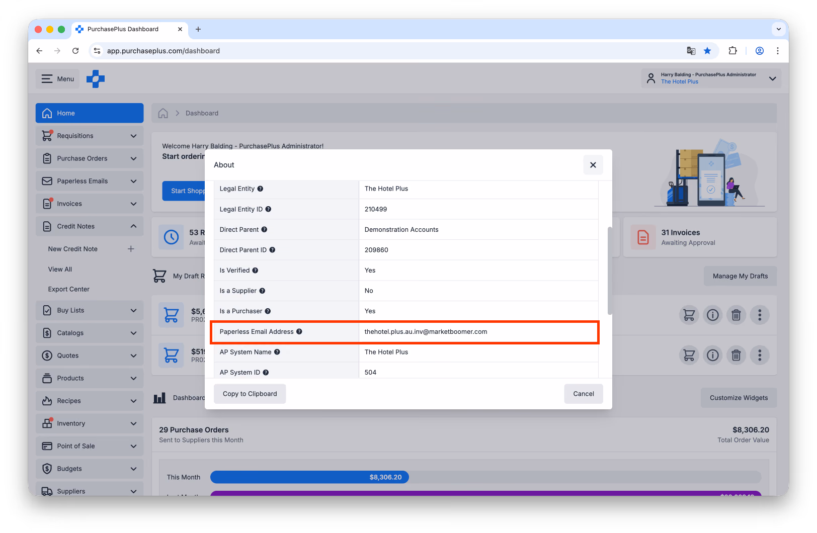 About panel with Paperless Email Address