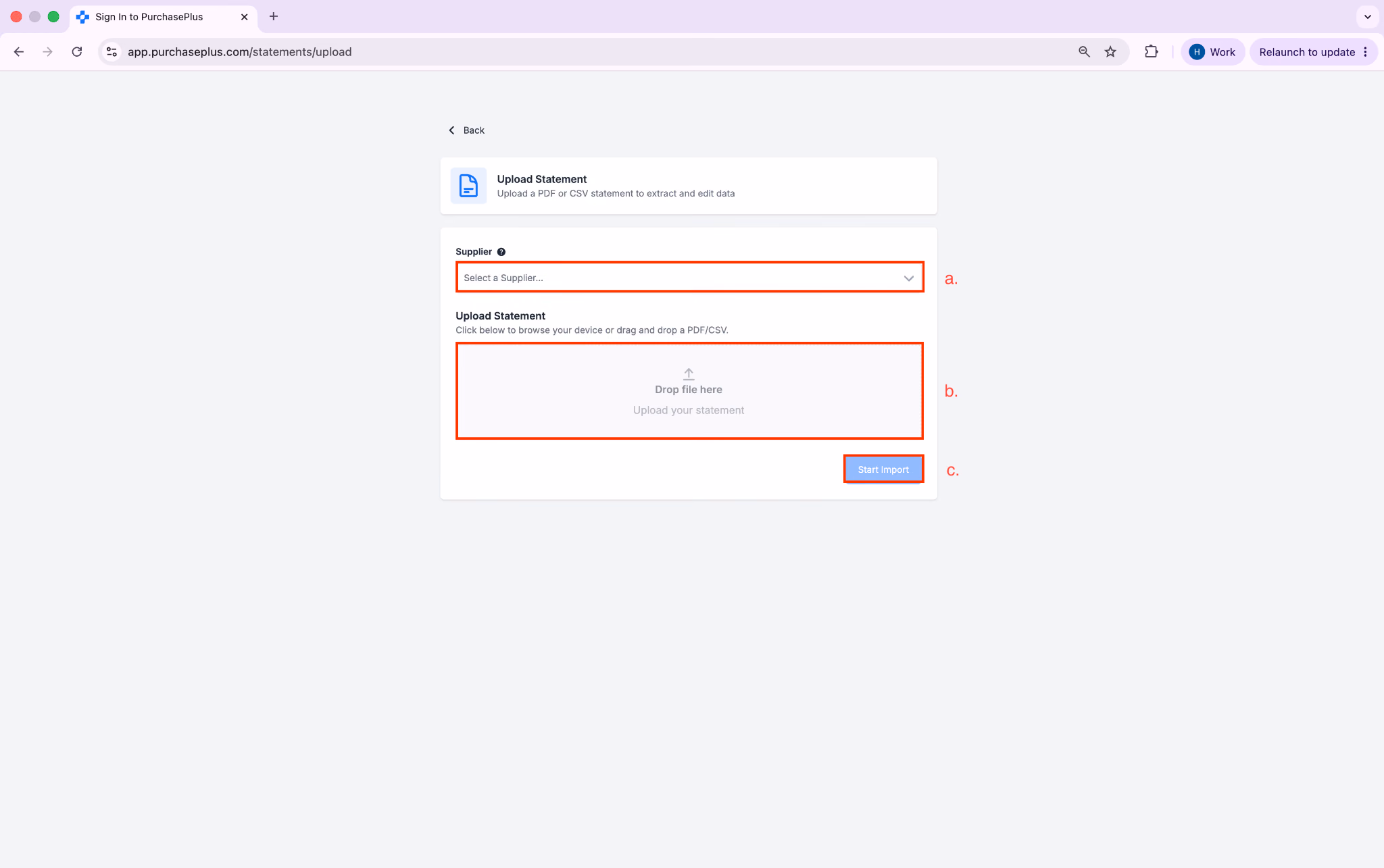 Start Import statement upload