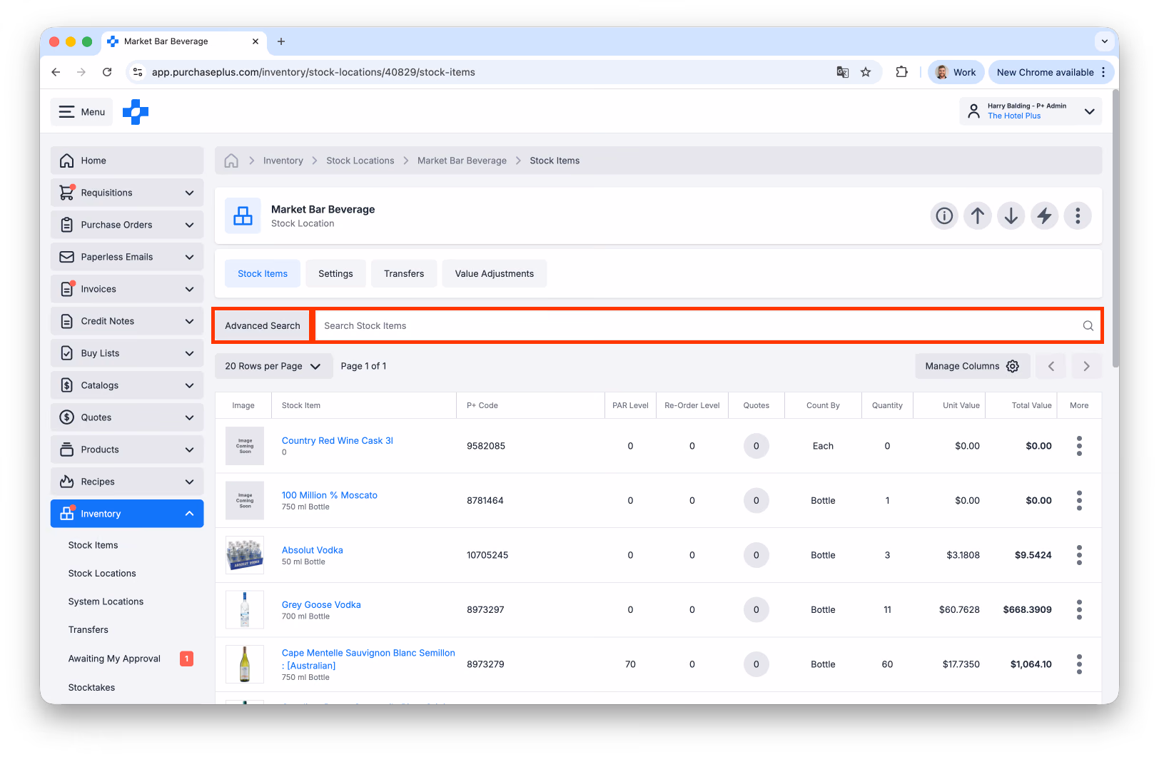 Search ingredients in a Stock Location