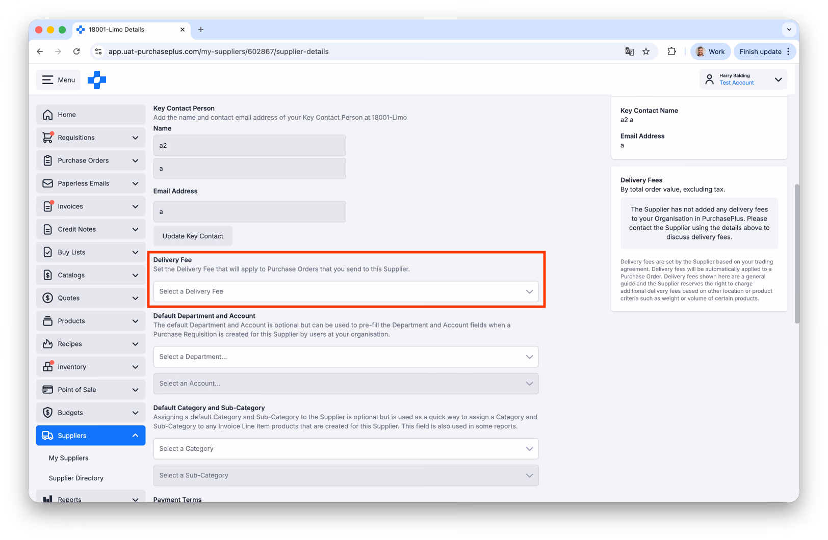 Dropdown-Liste Liefergebühr auf Registerkarte Allgemein