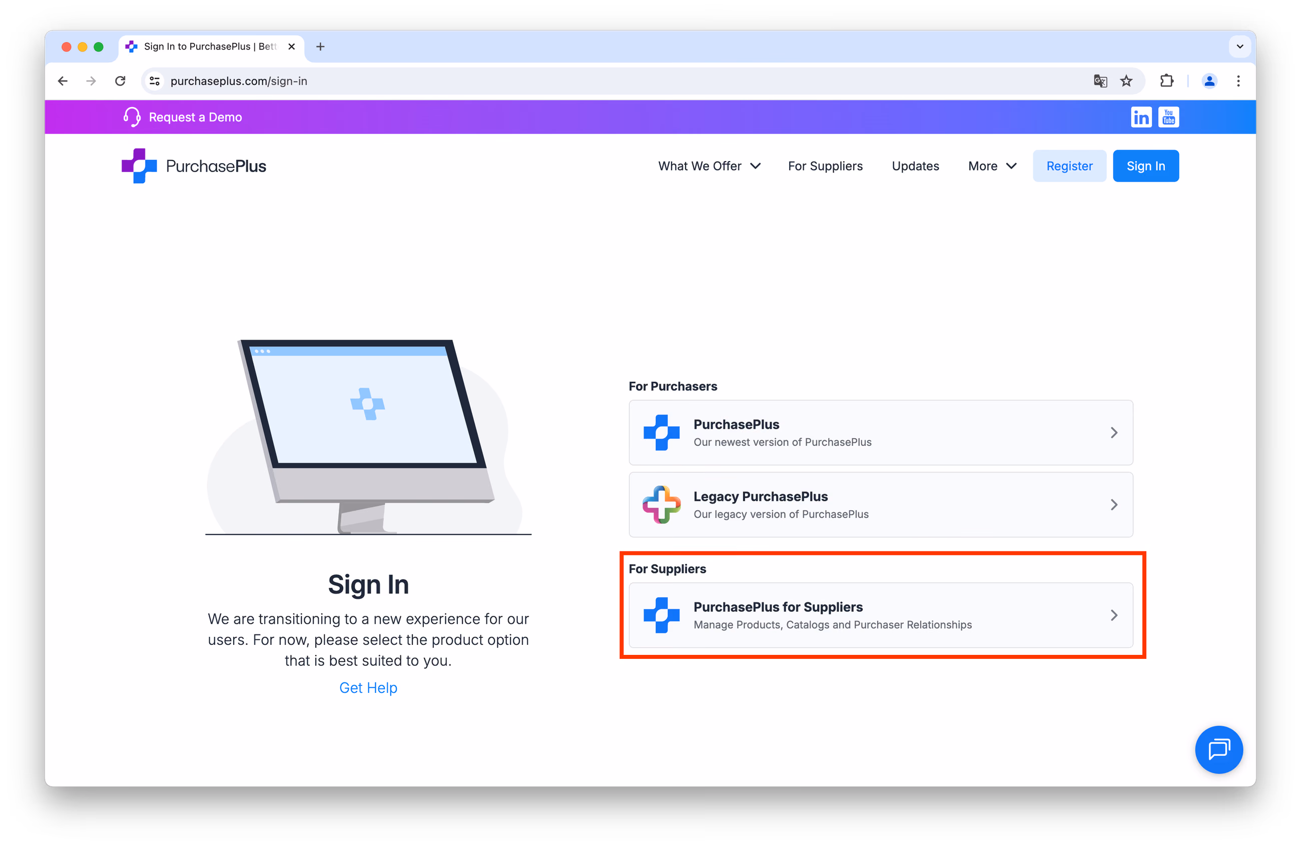 PurchasePlus for Suppliers on the sign-in page