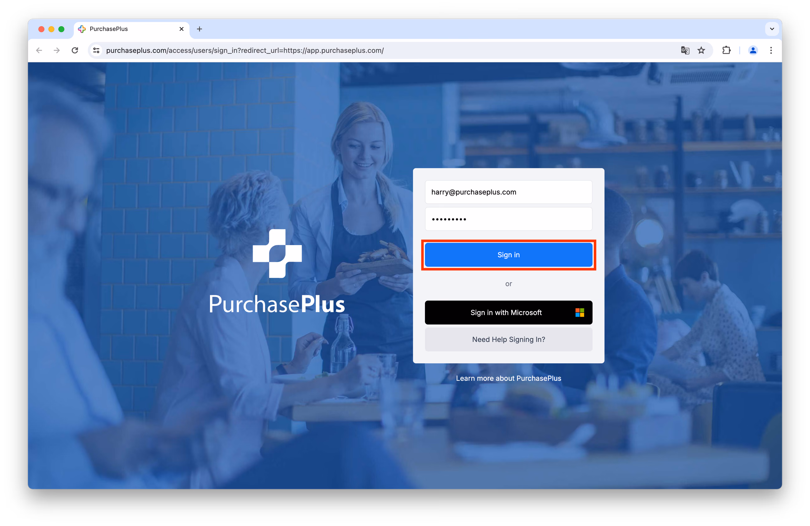 Enter Email and Password to sign into PurchasePlus