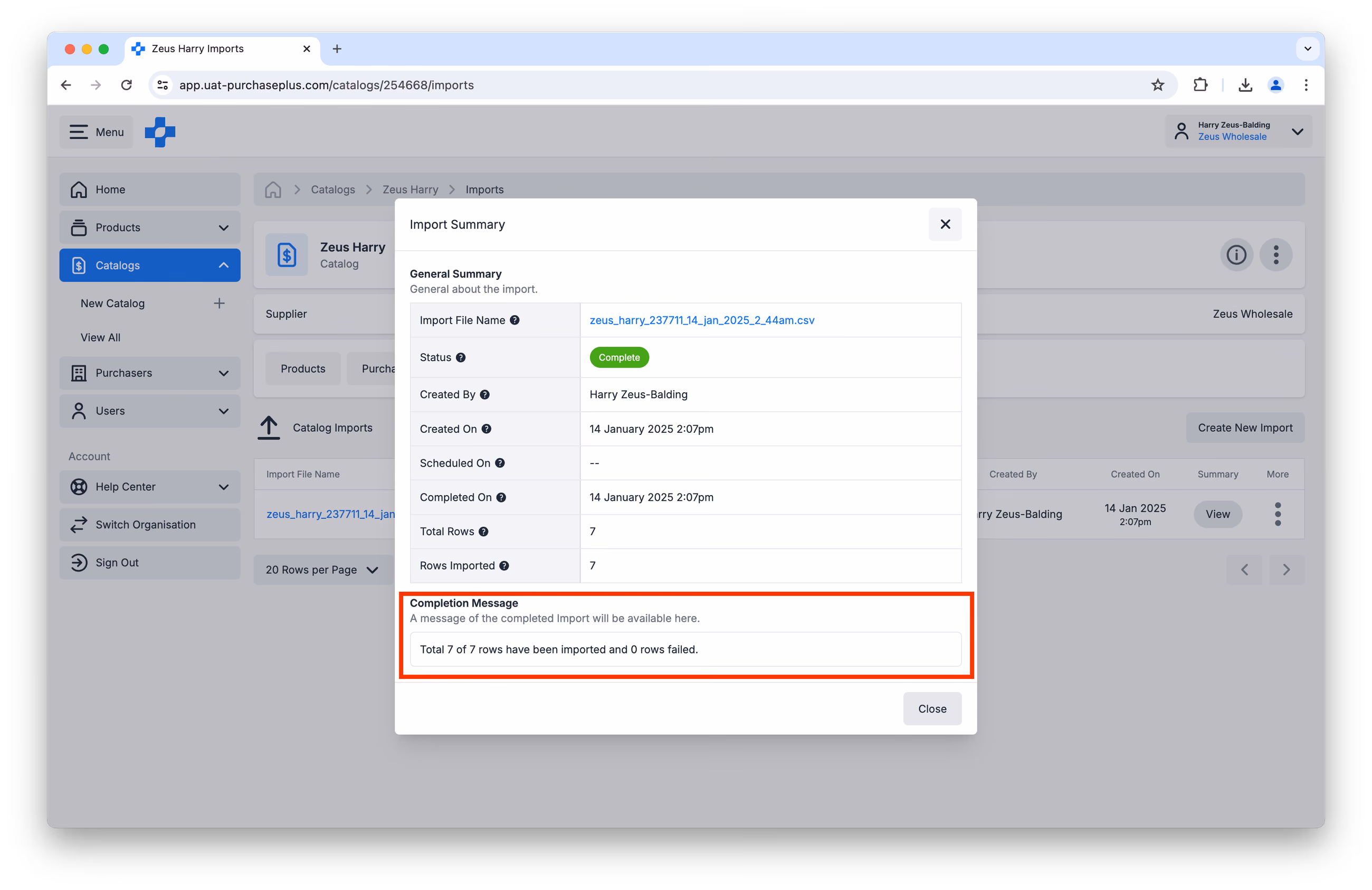 Completion Message Import File
