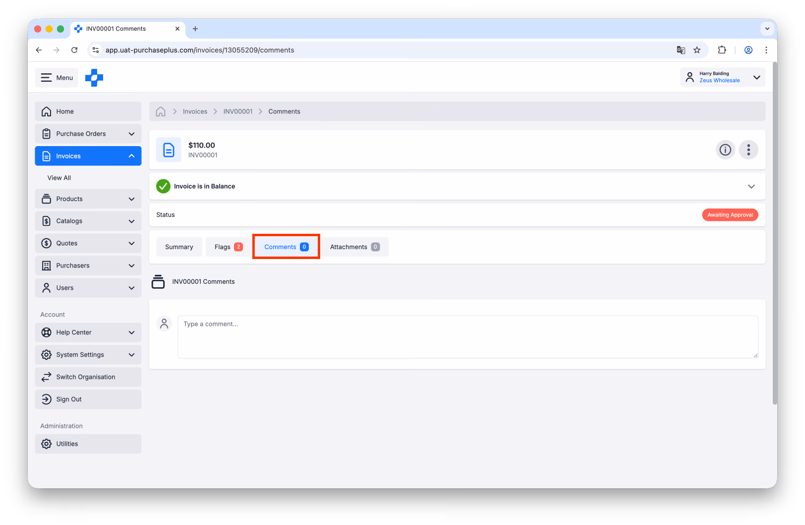Invoice Comments tab