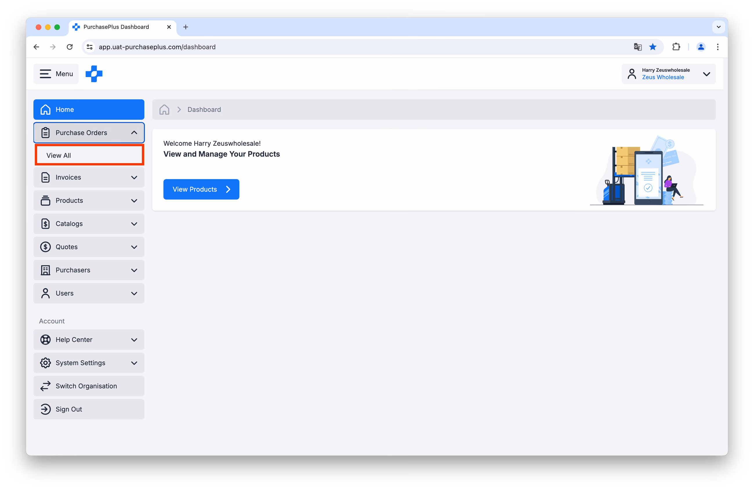 Purchase Orders side nav bar
