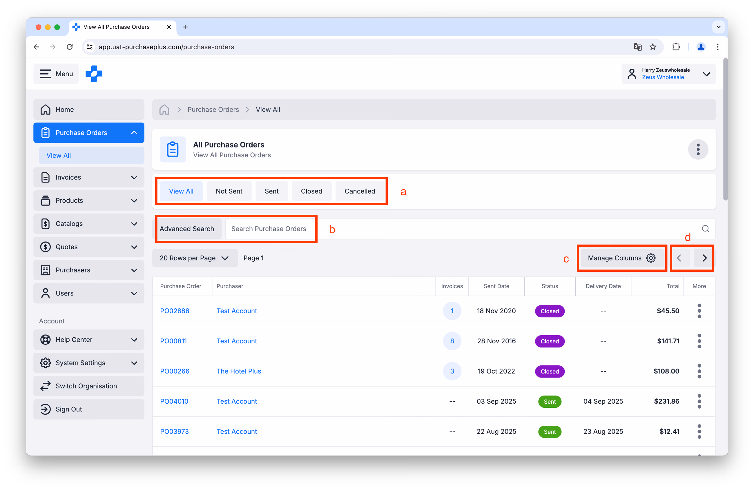 Filter and search Purchase Orders