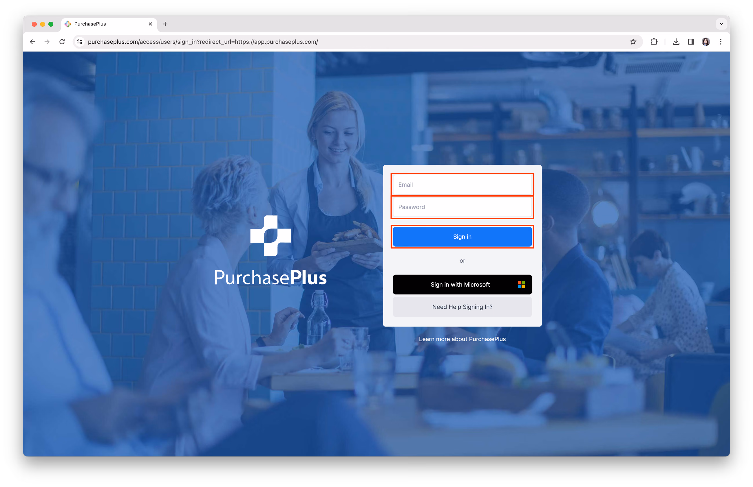 Enter Email and Password to sign into PurchasePlus