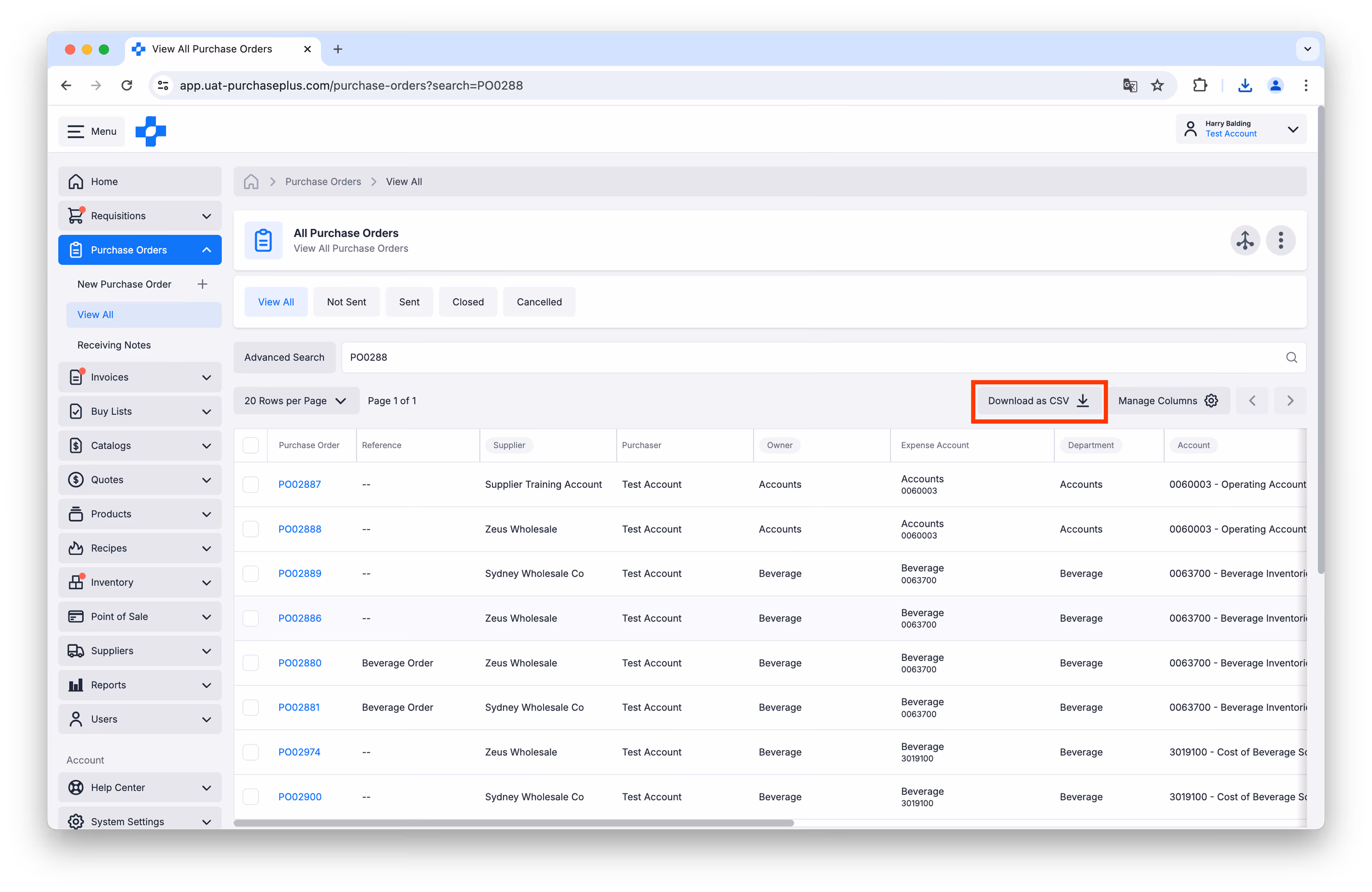 All Purchase Orders page with Download as CSV button highlighted