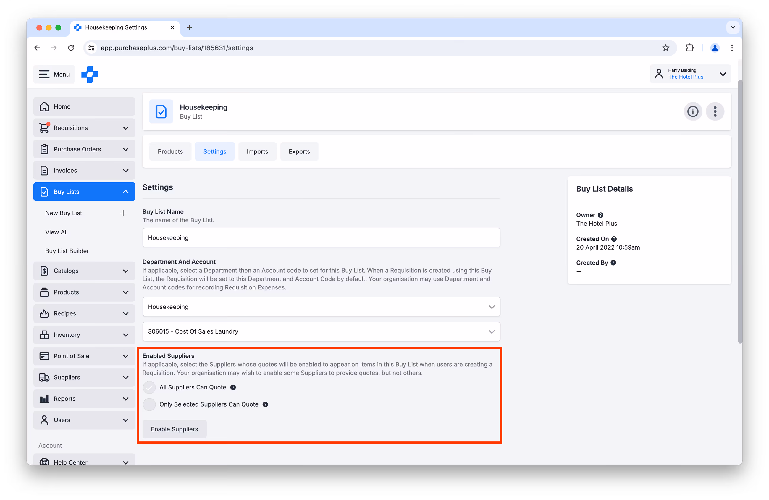 Buy List settings with Enabled Suppliers options for quoting
