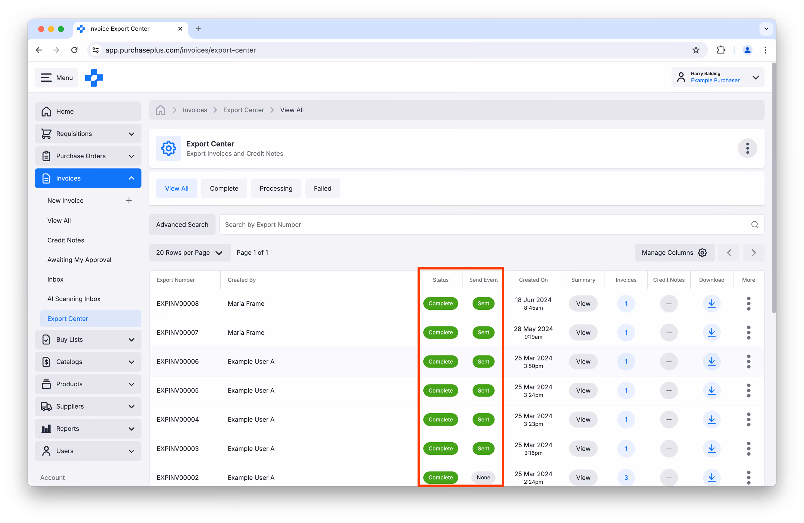 Invoice Export Center highlighting Status and Send Event columns
