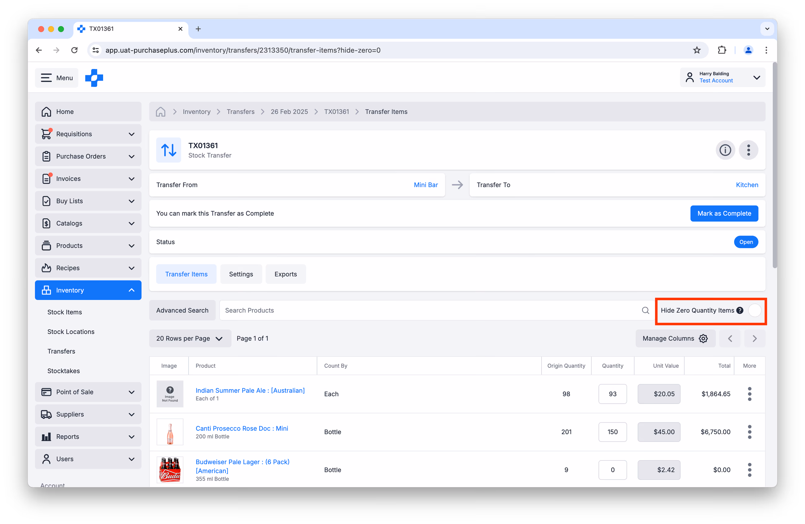 Hide Zero Quantity Items on an Open Transfer