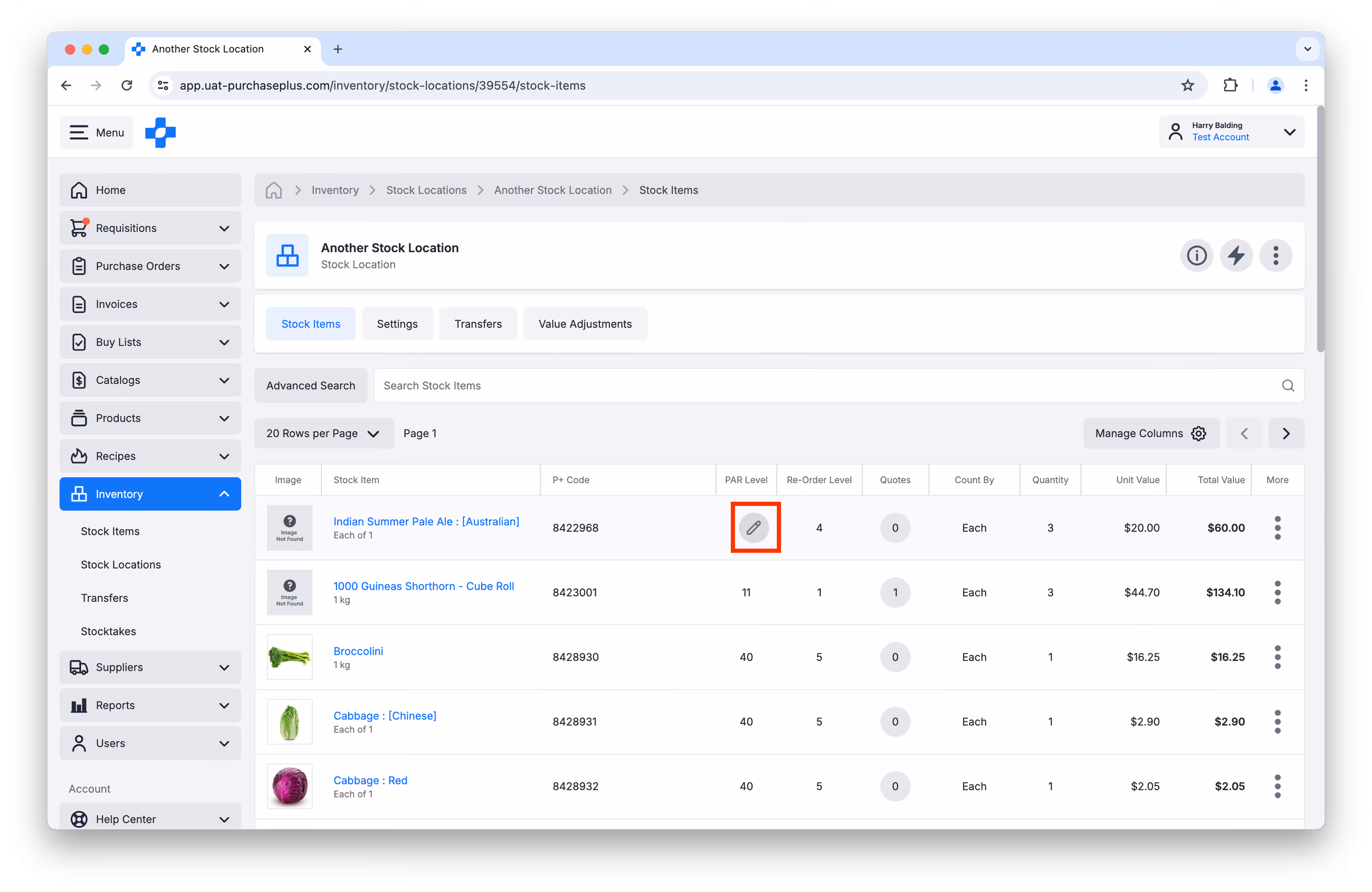 Hover to edit PAR and Reorder levels
