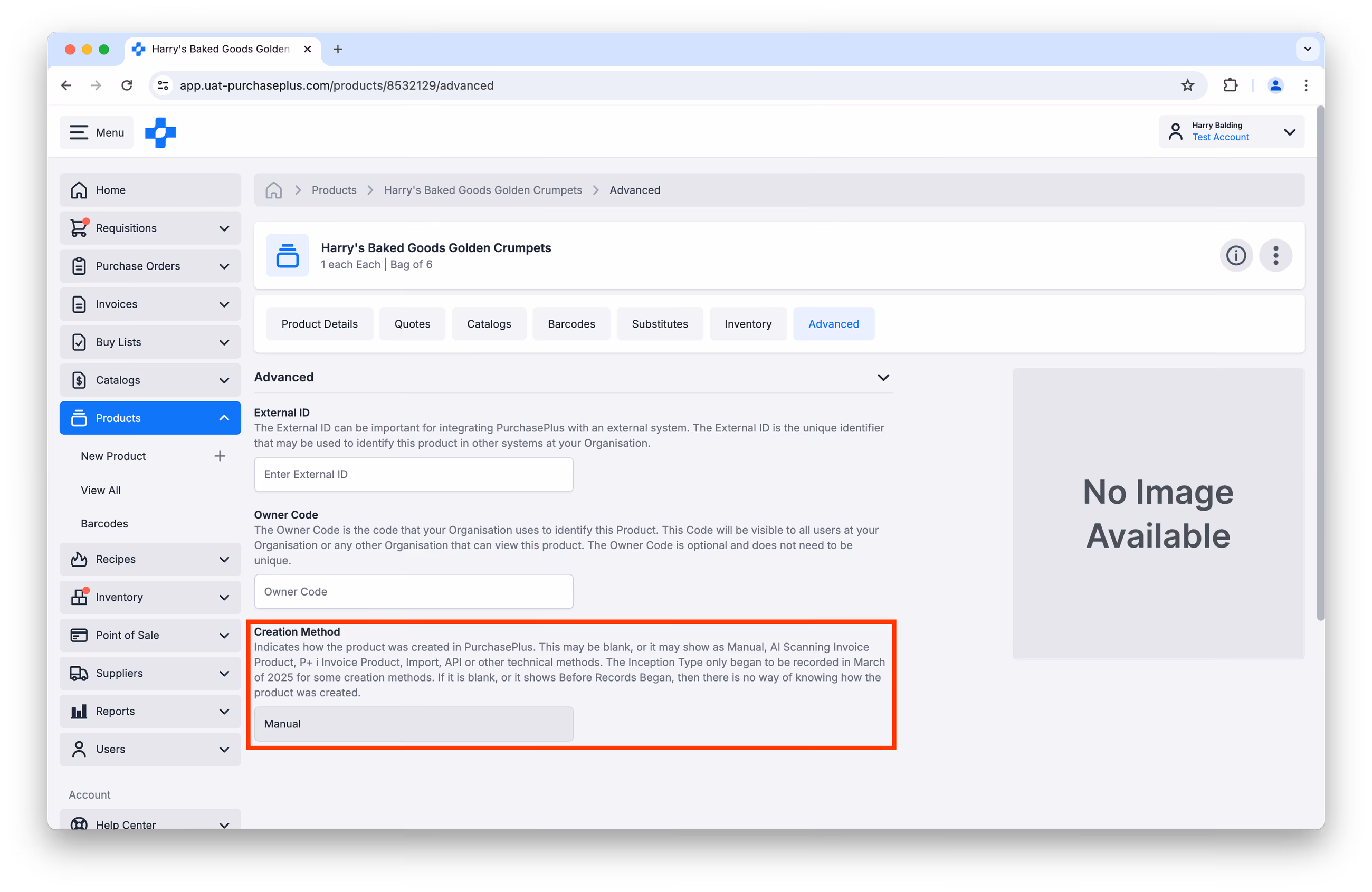 Product Advanced settings showing Creation Method set to Manual