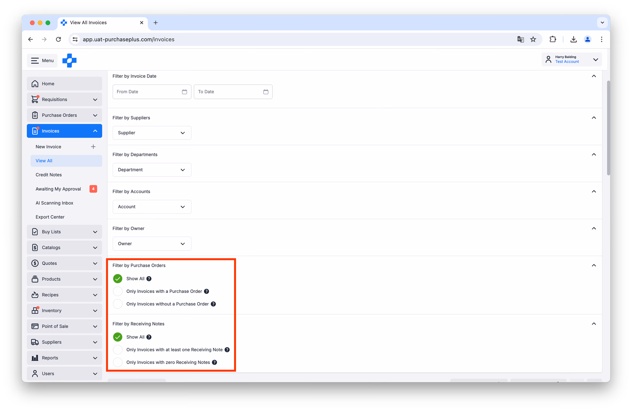 Invoice advanced search filters for Purchase Orders and Receiving Notes