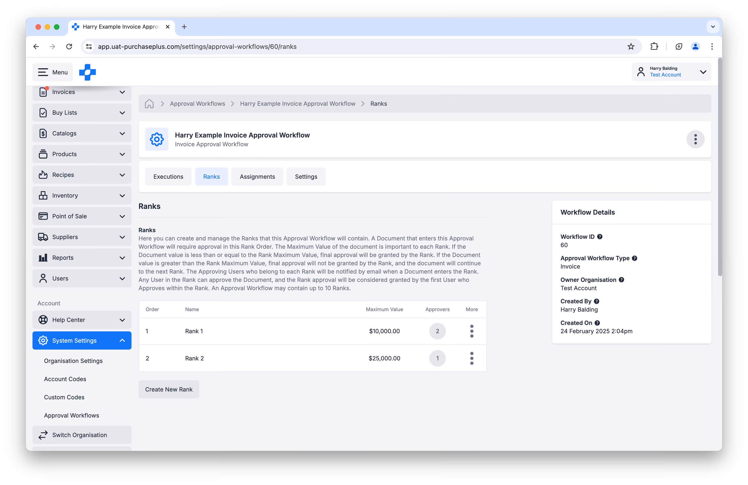 Invoice approval workflow Ranks tab with value-based approval levels