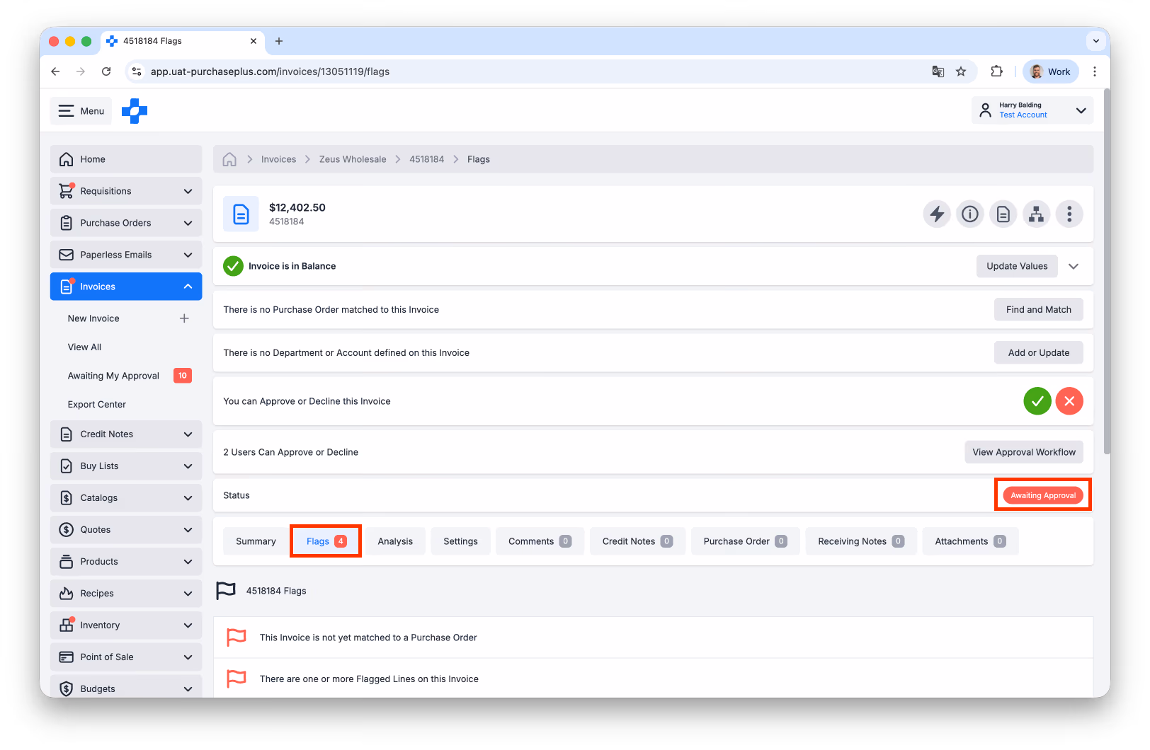 Invoice Flags tab showing Awaiting Approval status and unmatched PO alerts