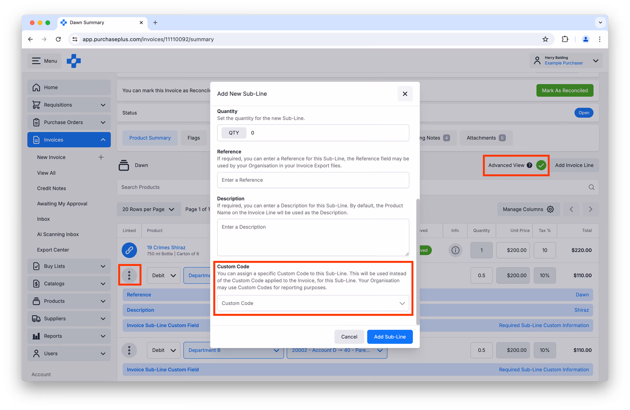 Add New Sub-Line modal highlighting Custom Code on an invoice