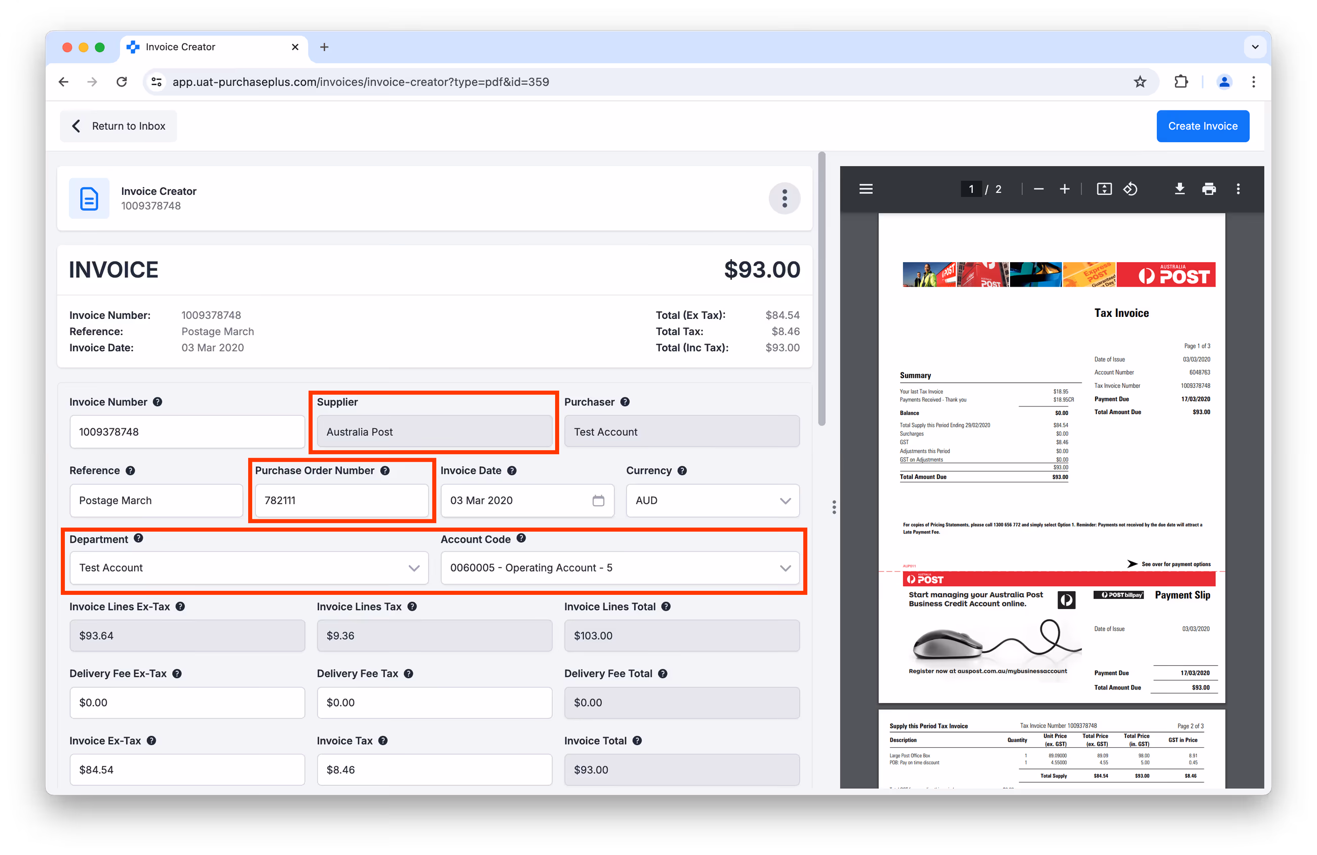 Drag and Drop a PDF Invoice for the AI to scan in PurchasePlus