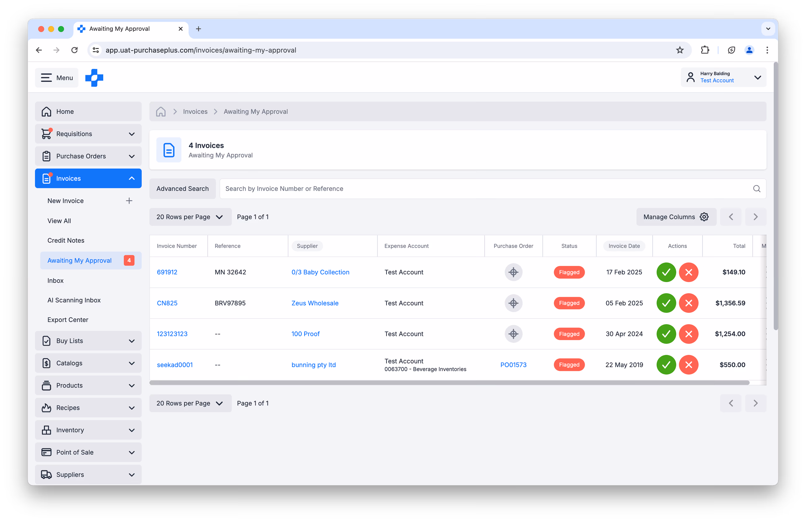 Flagged invoices awaiting approval with approve and reject actions