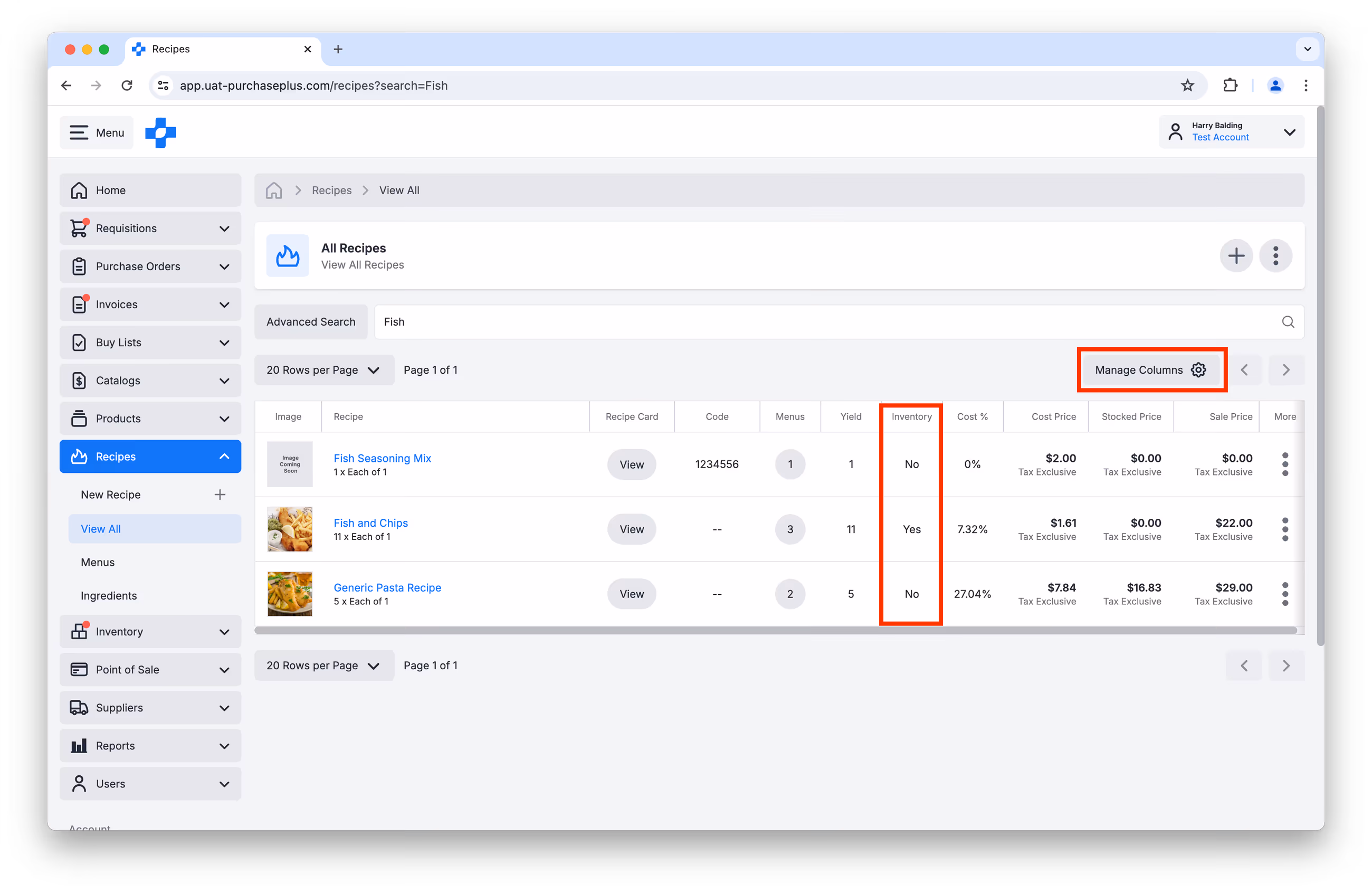 Recipes table with Manage Columns and Inventory column highlighted