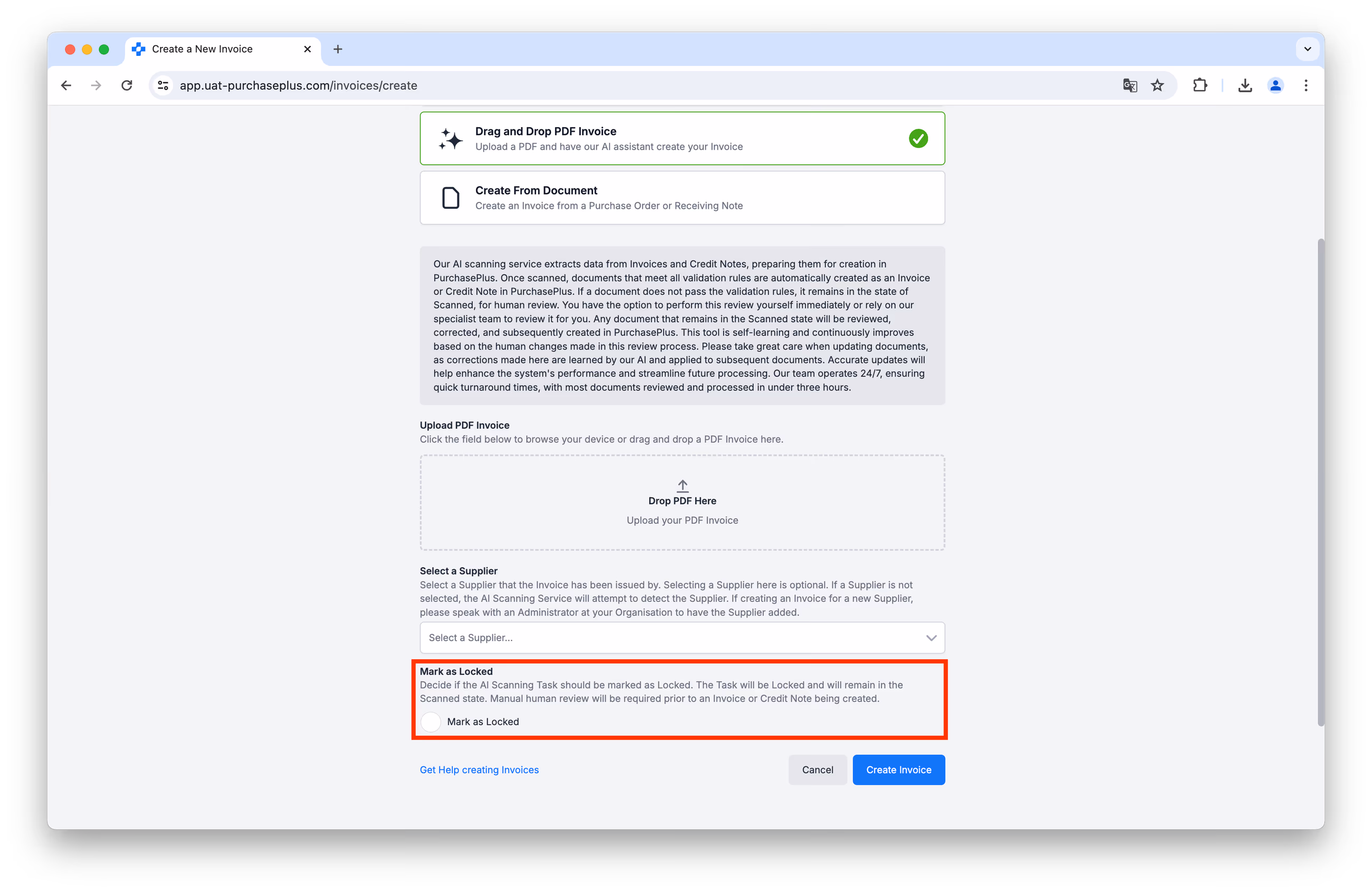 Create Invoice screen with Mark as Locked option for AI scanning tasks