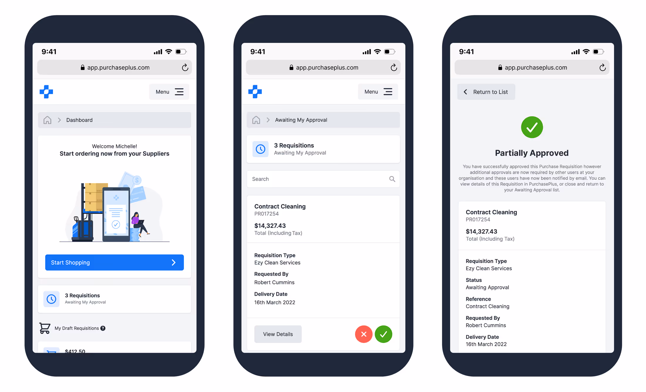 Three mobile screens showing dashboard, approval, and partial approval